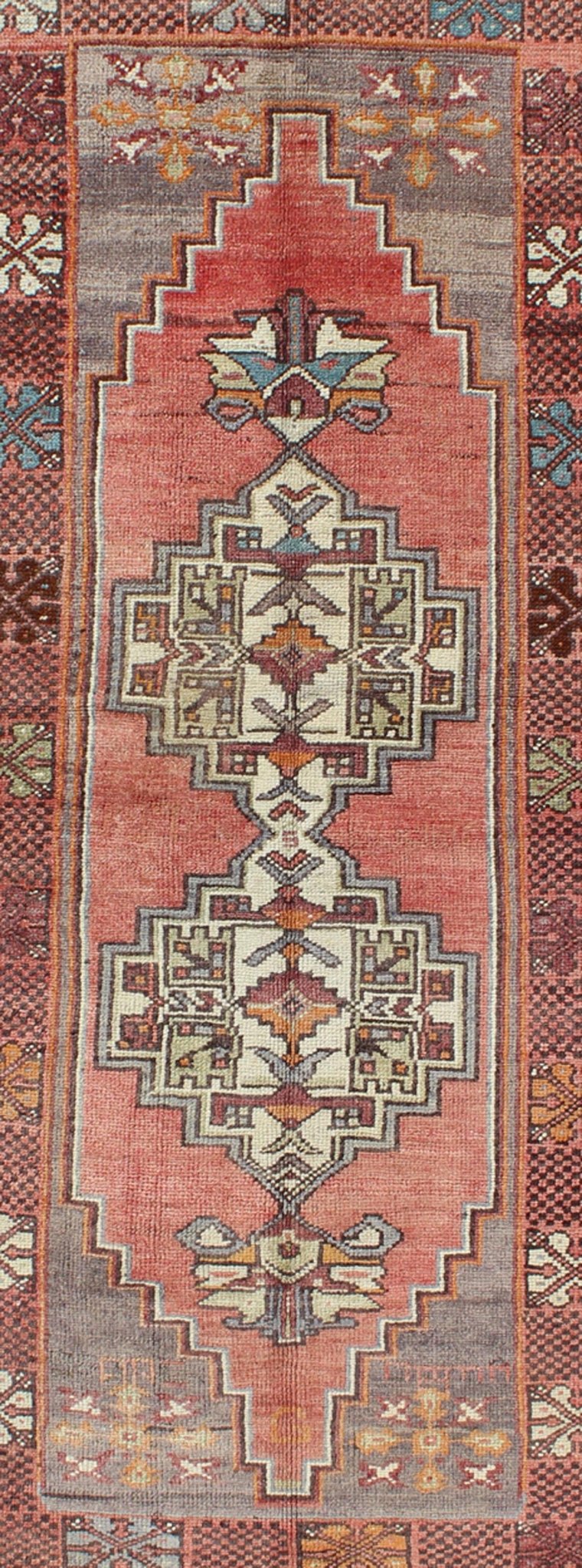 Soft red and green vintage Turkish Oushak rug with sub - geometric dual medallions. Keivan Woven Arts / rug TU - TRS - 3435, country of origin / type: Turkey / Oushak, circa 1940 Measures: 3'9 x 7'9. This Turkish rug features a dual central medallion d... - Keivan Woven ArtsTU - TRS - 3435 - 5854Rug