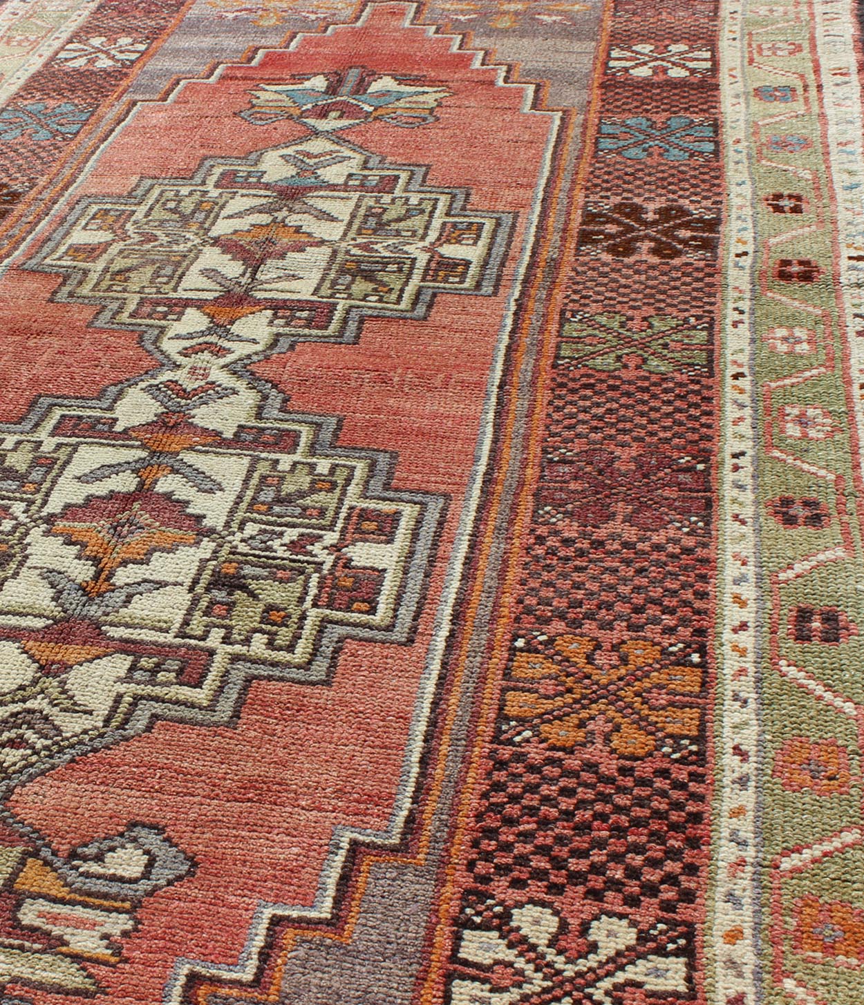 Soft red and green vintage Turkish Oushak rug with sub - geometric dual medallions. Keivan Woven Arts / rug TU - TRS - 3435, country of origin / type: Turkey / Oushak, circa 1940 Measures: 3'9 x 7'9. This Turkish rug features a dual central medallion d... - Keivan Woven ArtsTU - TRS - 3435 - 5854Rug