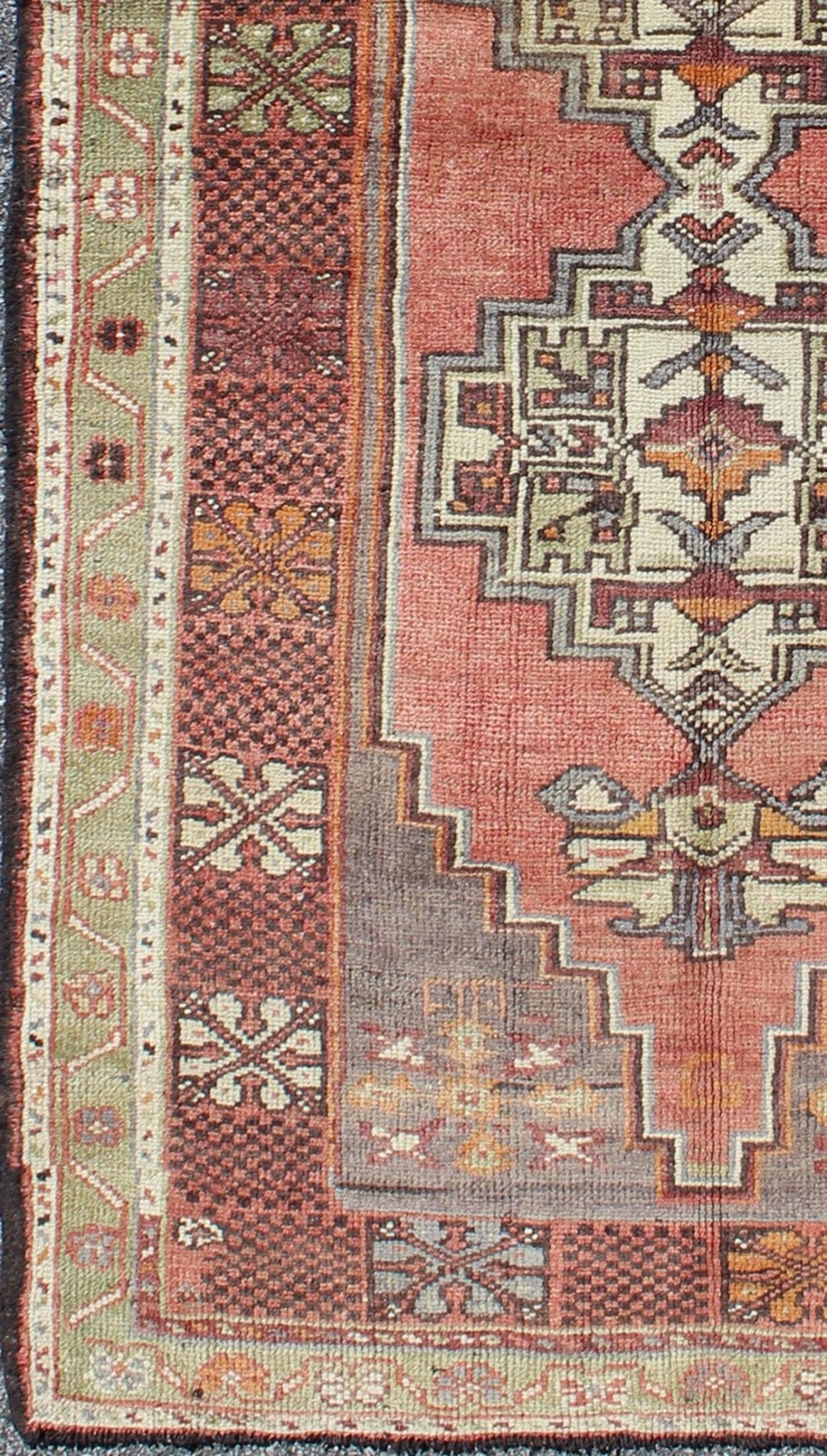 Soft red and green vintage Turkish Oushak rug with sub - geometric dual medallions. Keivan Woven Arts / rug TU - TRS - 3435, country of origin / type: Turkey / Oushak, circa 1940 Measures: 3'9 x 7'9. This Turkish rug features a dual central medallion d... - Keivan Woven ArtsTU - TRS - 3435 - 5854Rug