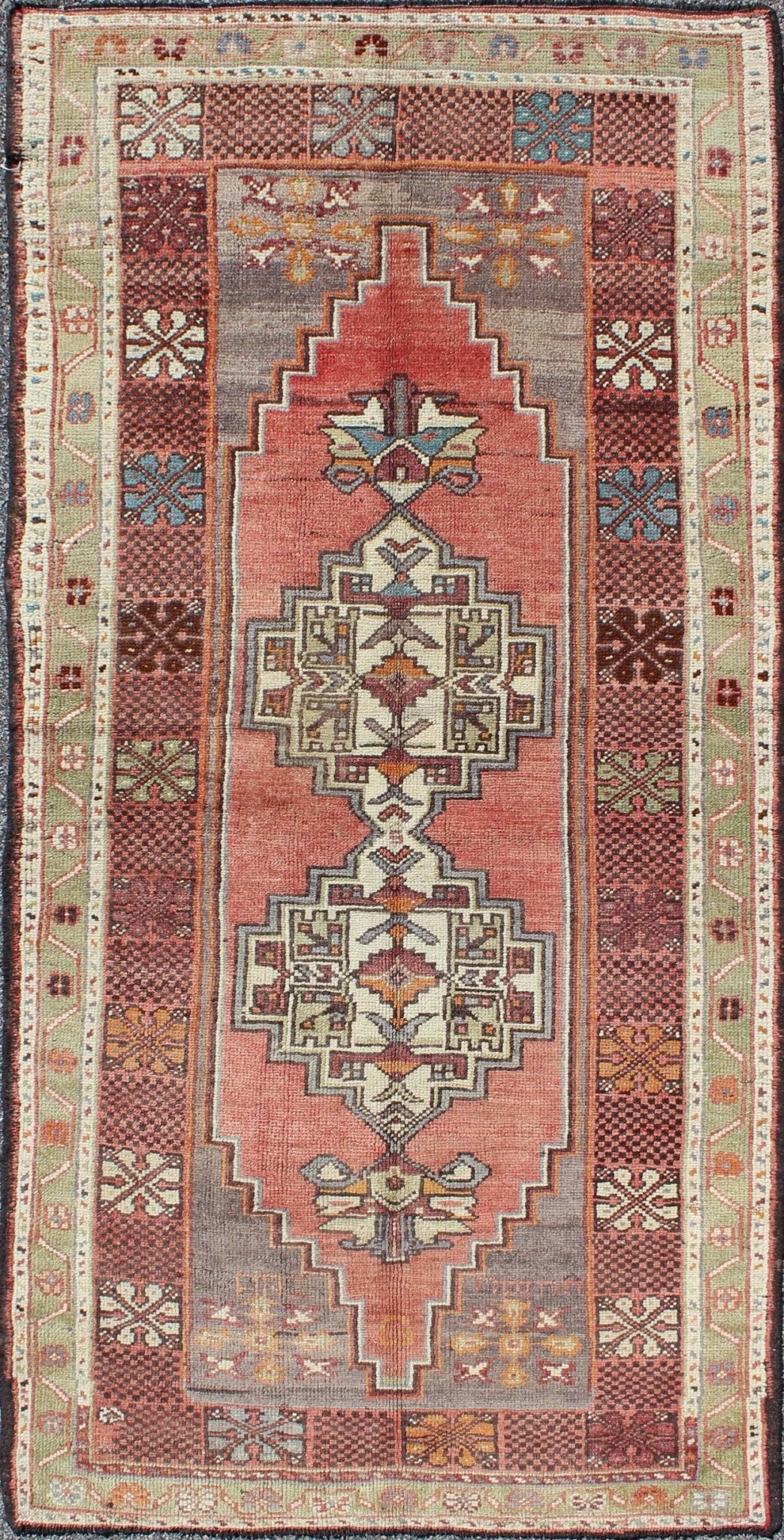 Soft red and green vintage Turkish Oushak rug with sub - geometric dual medallions. Keivan Woven Arts / rug TU - TRS - 3435, country of origin / type: Turkey / Oushak, circa 1940 Measures: 3'9 x 7'9. This Turkish rug features a dual central medallion d... - Keivan Woven ArtsTU - TRS - 3435 - 5854Rug