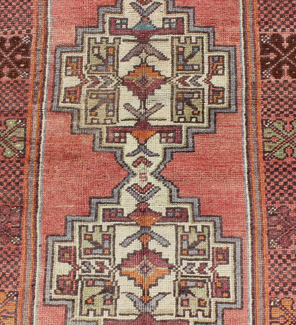 Soft red and green vintage Turkish Oushak rug with sub - geometric dual medallions. Keivan Woven Arts / rug TU - TRS - 3435, country of origin / type: Turkey / Oushak, circa 1940 Measures: 3'9 x 7'9. This Turkish rug features a dual central medallion d... - Keivan Woven ArtsTU - TRS - 3435 - 5854Rug