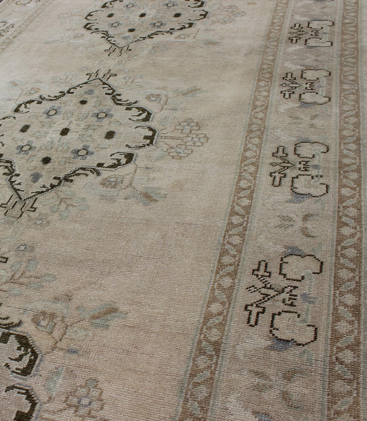 Vintage Turkish Oushak Rug with Three Central Medallions in Taupe, Ivory & Gray kwarugs Oushak Vintage Turkish Rug with Three Central Medallions rug/ tu - trs - 3436 origin/ turkey This vintage Oushak beautifully illustrates the impressive cr... - Keivan Woven ArtsTU - TRS - 3436 - 6207Rug