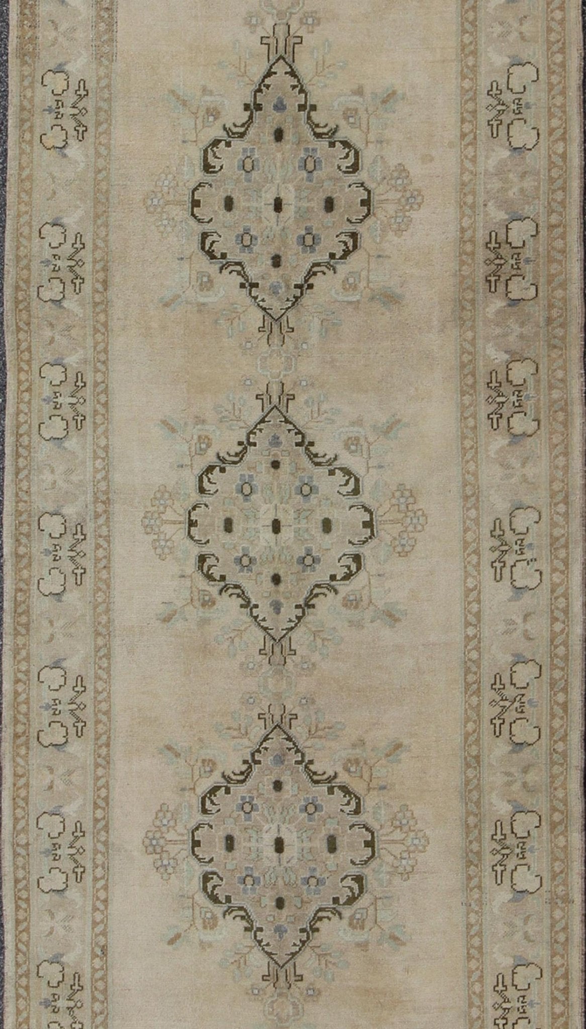 Vintage Turkish Oushak Rug with Three Central Medallions in Taupe, Ivory & Gray kwarugs Oushak Vintage Turkish Rug with Three Central Medallions rug/ tu - trs - 3436 origin/ turkey This vintage Oushak beautifully illustrates the impressive cr... - Keivan Woven ArtsTU - TRS - 3436 - 6207Rug