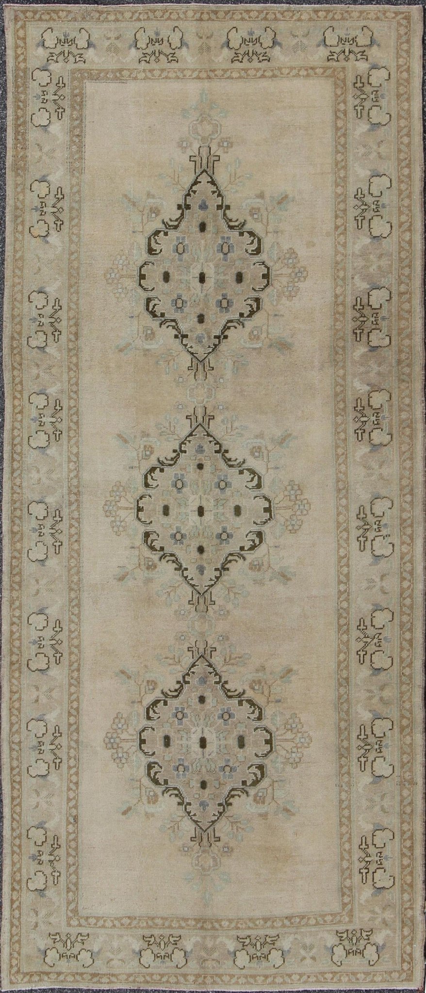 Vintage Turkish Oushak Rug with Three Central Medallions in Taupe, Ivory & Gray kwarugs Oushak Vintage Turkish Rug with Three Central Medallions rug/ tu - trs - 3436 origin/ turkey This vintage Oushak beautifully illustrates the impressive cr... - Keivan Woven ArtsTU - TRS - 3436 - 6207Rug