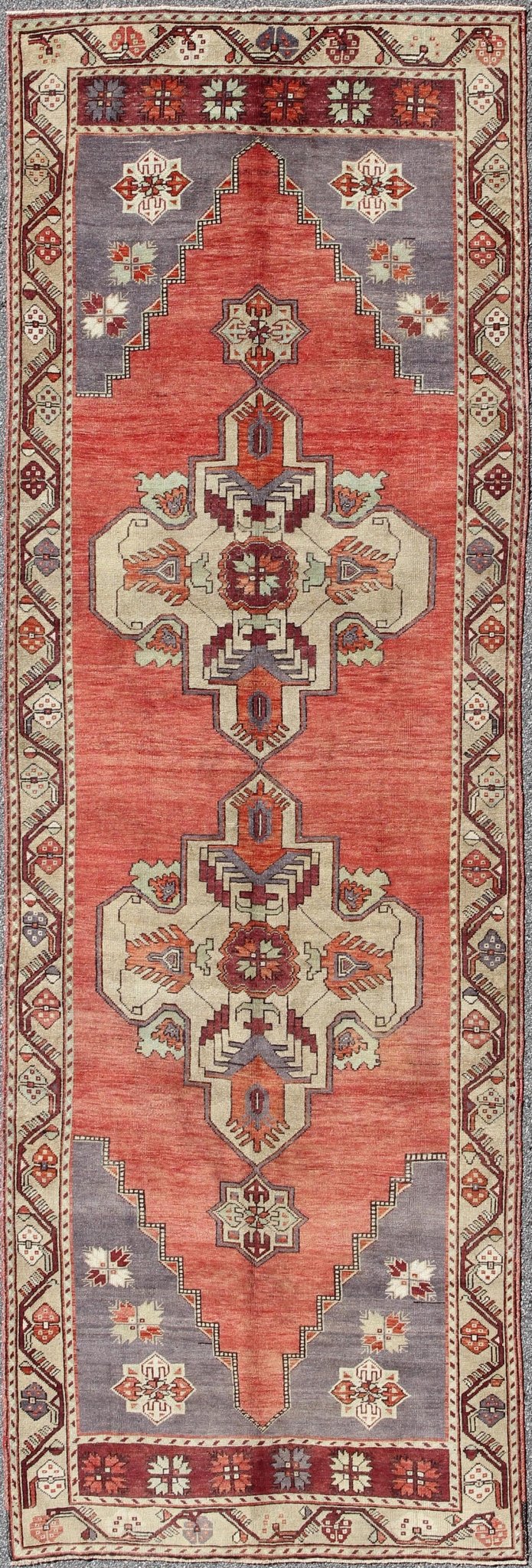 Vintage Turkish Oushak Gallery runner with geometric dual medallions in red, gray, ivory, rug Keivan Woven Arts/ rug/ TU - TRS - 34561, country of origin / type: Turkey / Oushak, circa 1940 Measures: 4'11 x 14'7. This Turkish gallery runner ... - Keivan Woven ArtsTU - TRS - 34561 - 5864Rug