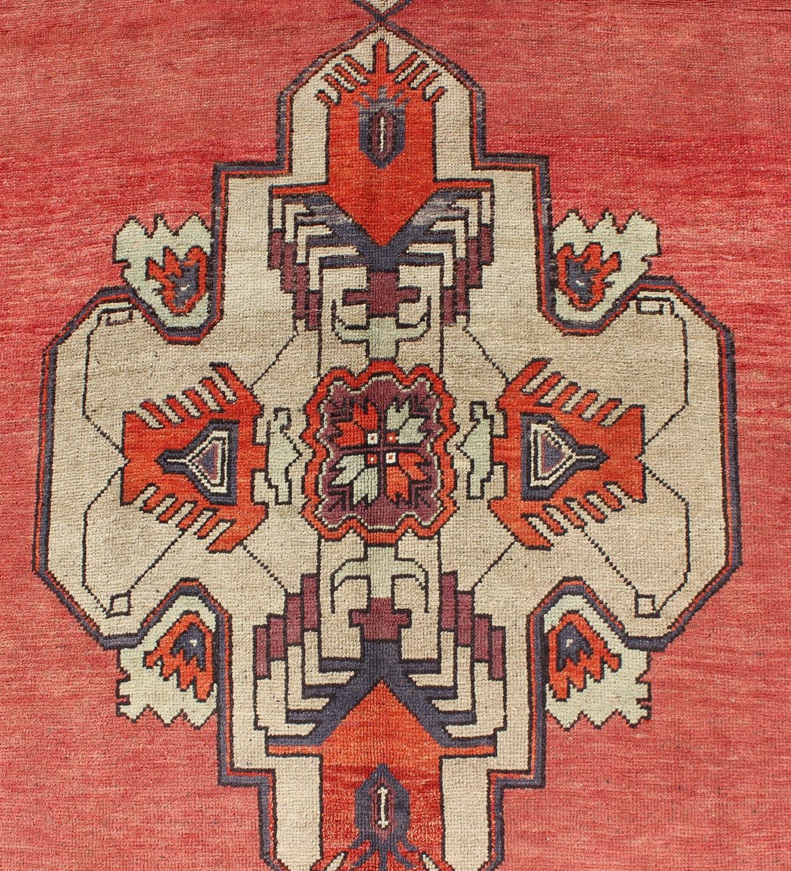 Vintage Turkish Oushak Gallery runner with geometric dual medallions in red, gray, ivory, rug Keivan Woven Arts/ rug/ TU - TRS - 34561, country of origin / type: Turkey / Oushak, circa 1940 Measures: 4'11 x 14'7. This Turkish gallery runner ... - Keivan Woven ArtsTU - TRS - 34561 - 5864Rug