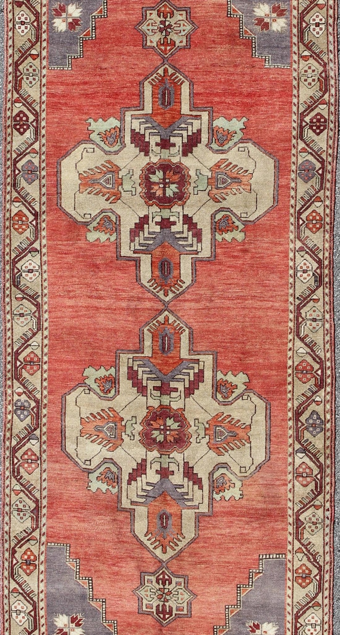 Vintage Turkish Oushak Gallery runner with geometric dual medallions in red, gray, ivory, rug Keivan Woven Arts/ rug/ TU - TRS - 34561, country of origin / type: Turkey / Oushak, circa 1940 Measures: 4'11 x 14'7. This Turkish gallery runner ... - Keivan Woven ArtsTU - TRS - 34561 - 5864Rug