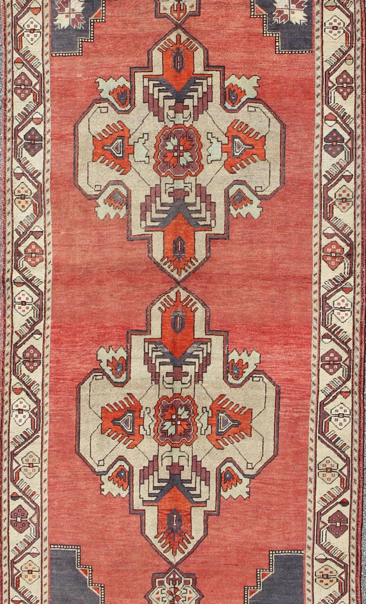Vintage Turkish Oushak Gallery runner medallions in Light Green, coral red, gray, Turkish Oushak gallery runner with geometric dual medallions, Keivan Woven Arts/ rug/ TU - TRS - 34562, country of origin / type: Turkey / Oushak, circa 1940 Measures:... - Keivan Woven ArtsTU - TRS - 34562 - 5870Rug