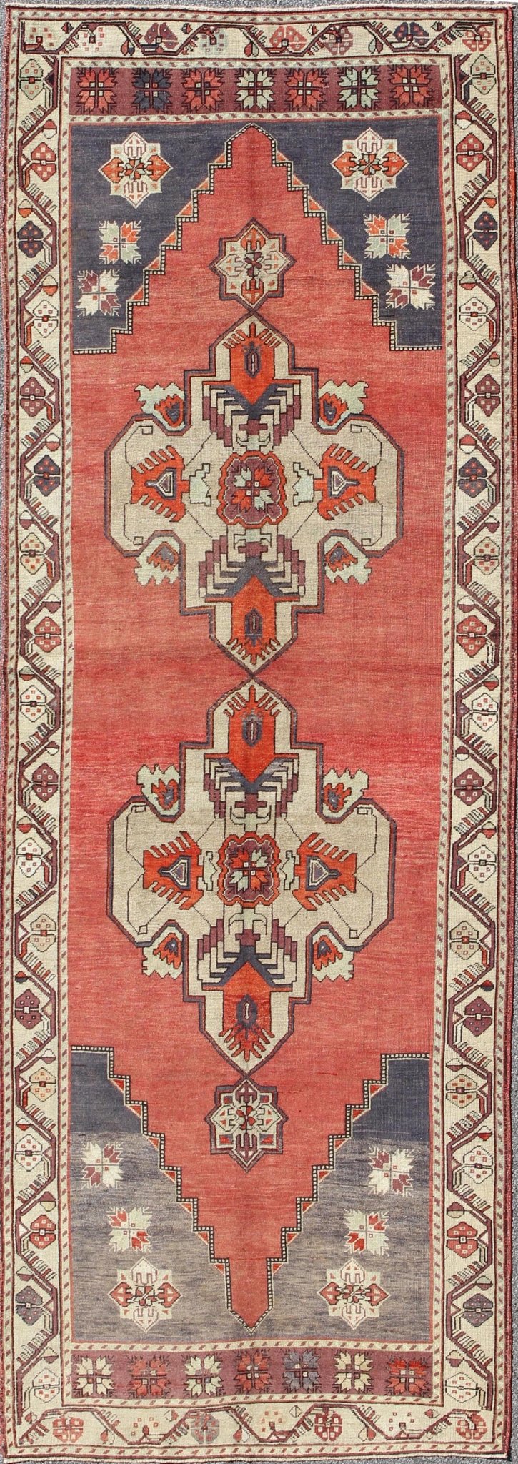 Vintage Turkish Oushak Gallery runner medallions in Light Green, coral red, gray, Turkish Oushak gallery runner with geometric dual medallions, Keivan Woven Arts/ rug/ TU - TRS - 34562, country of origin / type: Turkey / Oushak, circa 1940 Measures:... - Keivan Woven ArtsTU - TRS - 34562 - 5870Rug