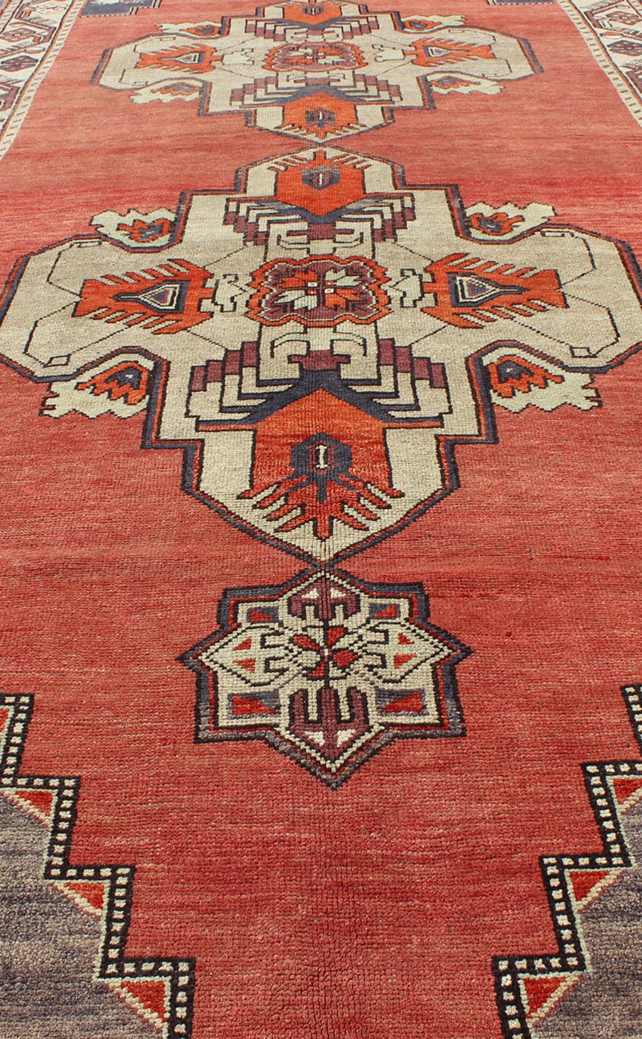Vintage Turkish Oushak Gallery runner medallions in Light Green, coral red, gray, Turkish Oushak gallery runner with geometric dual medallions, Keivan Woven Arts/ rug/ TU - TRS - 34562, country of origin / type: Turkey / Oushak, circa 1940 Measures:... - Keivan Woven ArtsTU - TRS - 34562 - 5870Rug