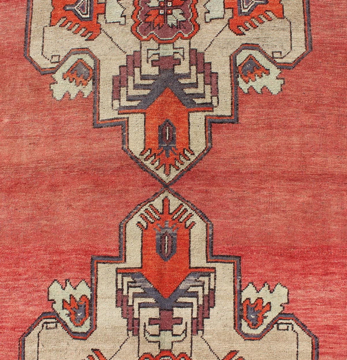 Vintage Turkish Oushak Gallery runner medallions in Light Green, coral red, gray, Turkish Oushak gallery runner with geometric dual medallions, Keivan Woven Arts/ rug/ TU - TRS - 34562, country of origin / type: Turkey / Oushak, circa 1940 Measures:... - Keivan Woven ArtsTU - TRS - 34562 - 5870Rug