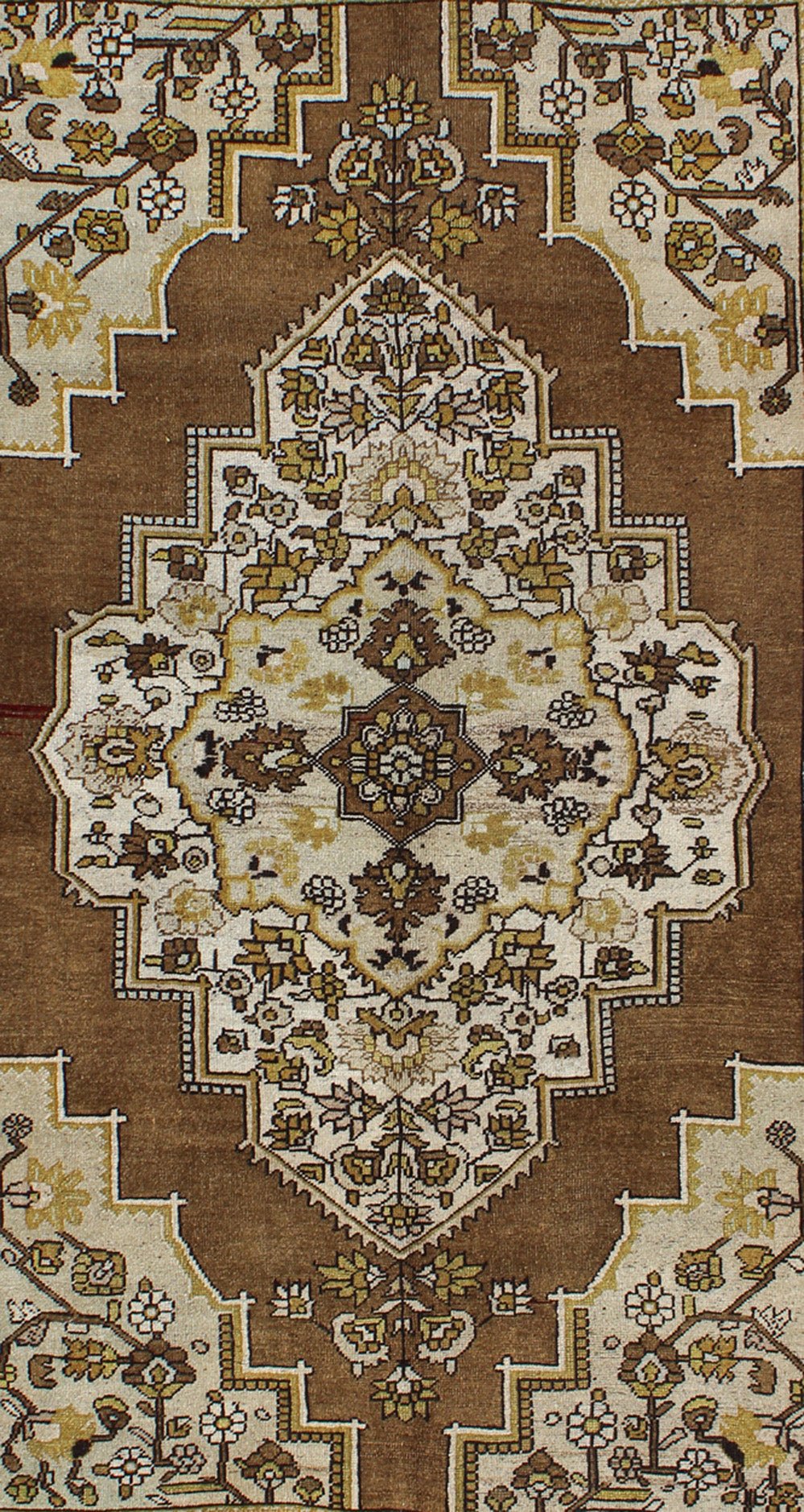 Mocha brown, chartreuse vintage Turkish Oushak rug with ornate floral medallion, Keivan Woven Arts / rug tu - TRS - 3473, country of origin / type: Turkey / Oushak, circa 1940. Measures: 6'4 x 9'11. This vintage, mid century Turkish Oushak ru... - Keivan Woven ArtsTU - TRS - 3473 - 6925Rug