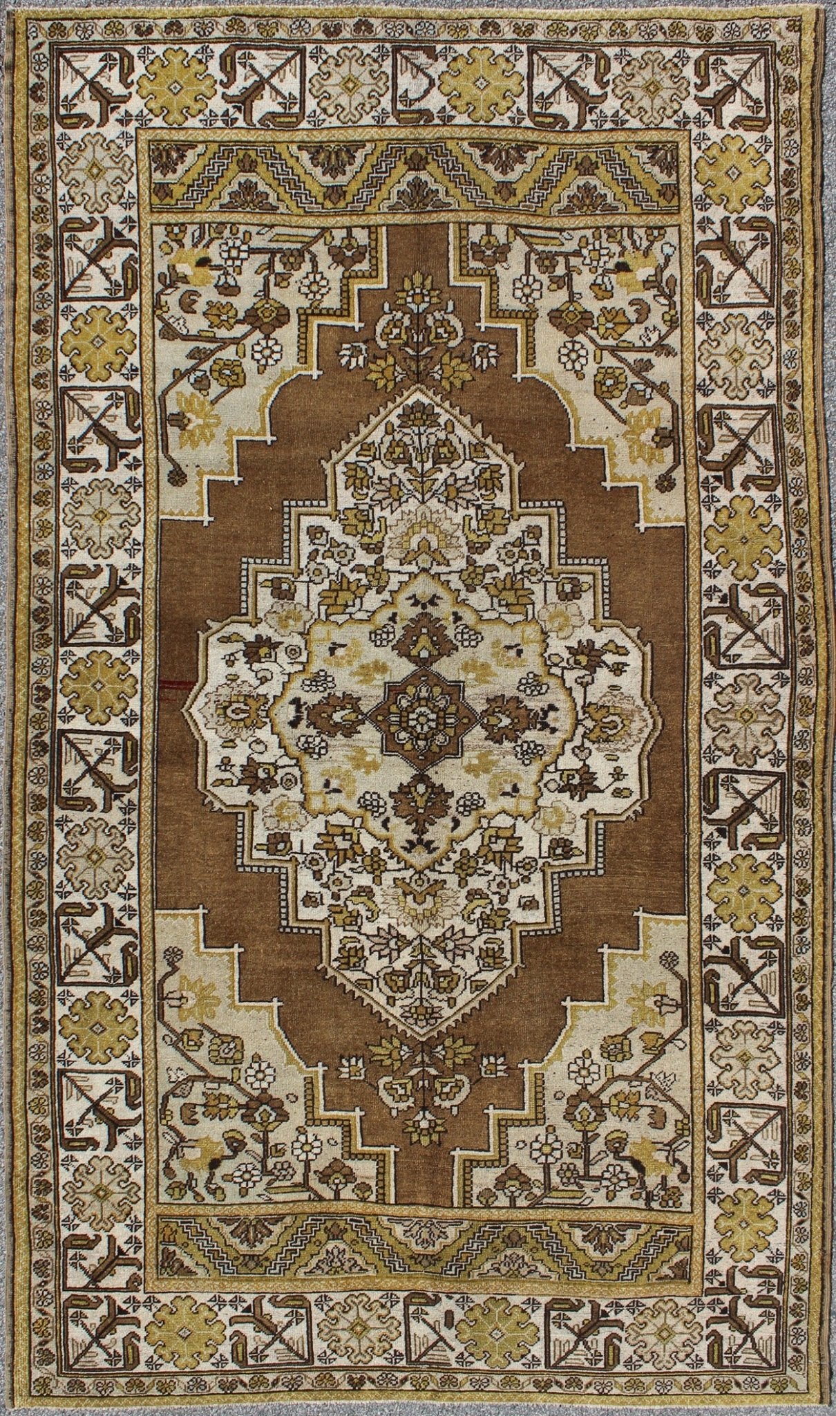 Mocha brown, chartreuse vintage Turkish Oushak rug with ornate floral medallion, Keivan Woven Arts / rug tu - TRS - 3473, country of origin / type: Turkey / Oushak, circa 1940. Measures: 6'4 x 9'11. This vintage, mid century Turkish Oushak ru... - Keivan Woven ArtsTU - TRS - 3473 - 6925Rug