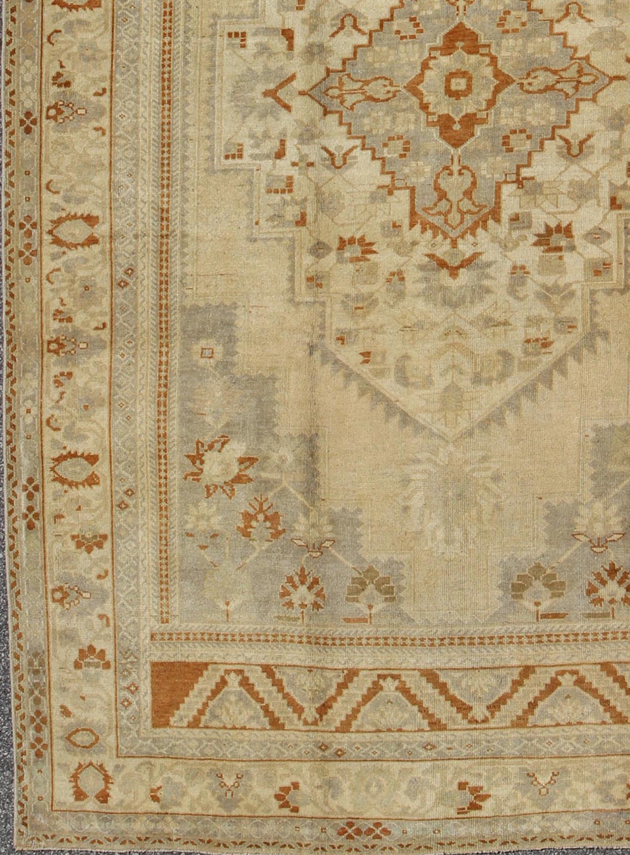 Floral Layered Medallion Vintage Turkish Oushak Rug in Cream, Ivory, Gray & Brown Measures: 6'10'' x 11'3''. This Oushak carpet (circa mid - 20th century) features a multi - layered medallion framed in the central field. Complementary floral desi... - Keivan Woven ArtsTU - TRS - 3619 - 7255Rug