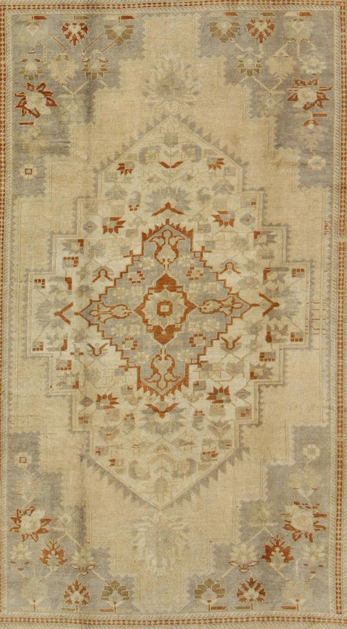 Floral Layered Medallion Vintage Turkish Oushak Rug in Cream, Ivory, Gray & Brown Measures: 6'10'' x 11'3''. This Oushak carpet (circa mid - 20th century) features a multi - layered medallion framed in the central field. Complementary floral desi... - Keivan Woven ArtsTU - TRS - 3619 - 7255Rug