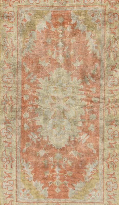 Antique Turkish Oushak Rug with Floral Motifs and Coral Background. Measures: 2'11'' x 5'5''. This Oushak runner features a unique blend of cheerful colors and an intricately beautiful design. The multi - layered diamond medallions are compleme... - Keivan Woven ArtsTU - TRS - 4641 - 7907Rug