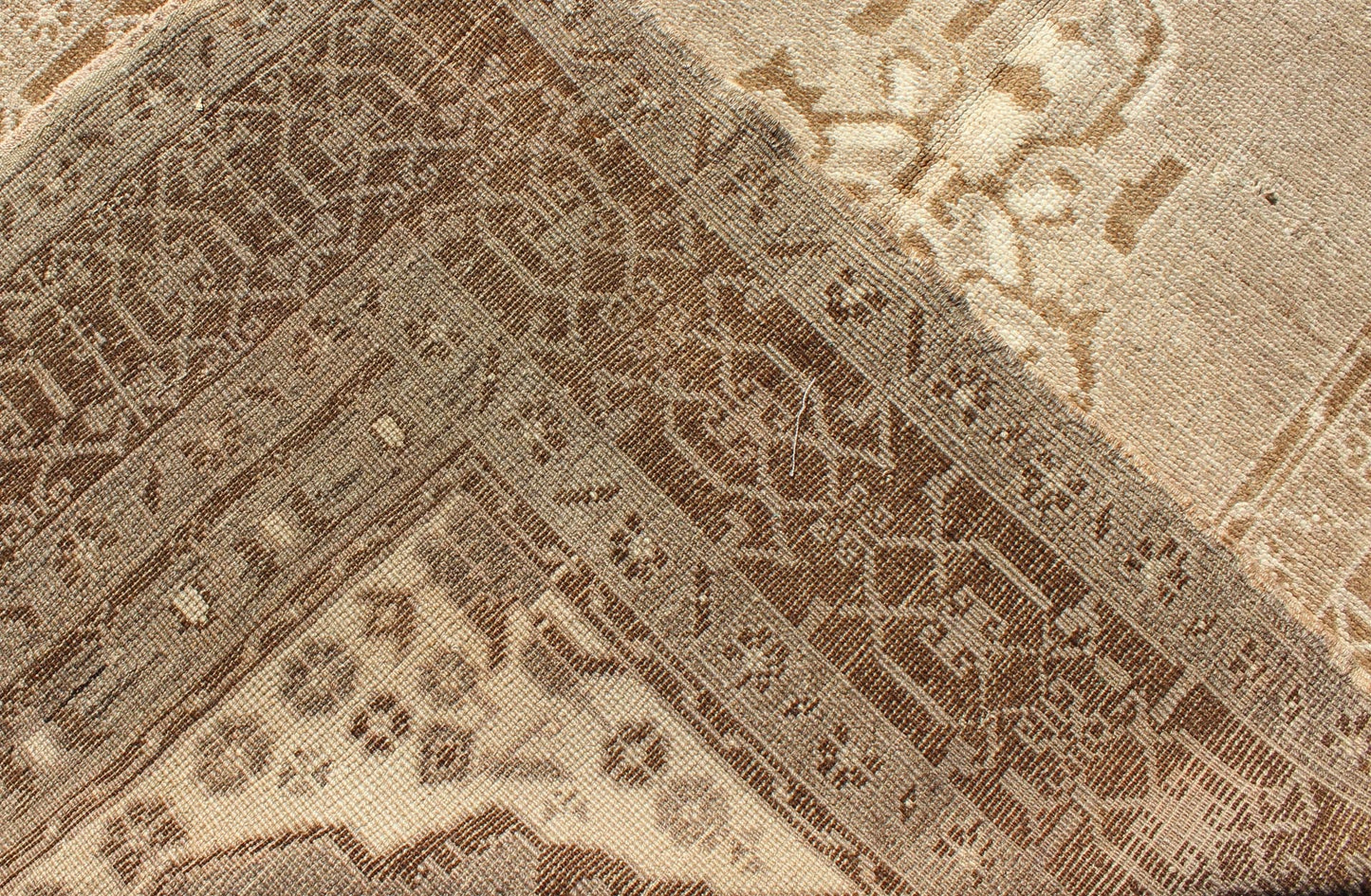 Vintage Turkish Medallion Oushak Area Rug in Grey and Brown's Measures: 3.10 x 6.10 Set amidst a taupe and gray background and featuring a gentle medallion, the beautiful and delicate design of this rug is framed by repeating geometric el... - Keivan Woven ArtsTU - TRS - 95020 - 3582Rug