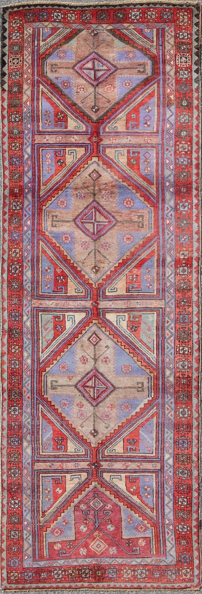 Vivid and Colorful Oushak Runner with Repeating Diamond Medallions rug - tu - ugu - 136008 origin/turkey This Turkish Oushak runner features a repeating medallion design. Colors include bright and soft red, mint green, taupe, and light purple. Turkish... - Keivan Woven ArtsTU - UGU - 136008 - 4668Rug