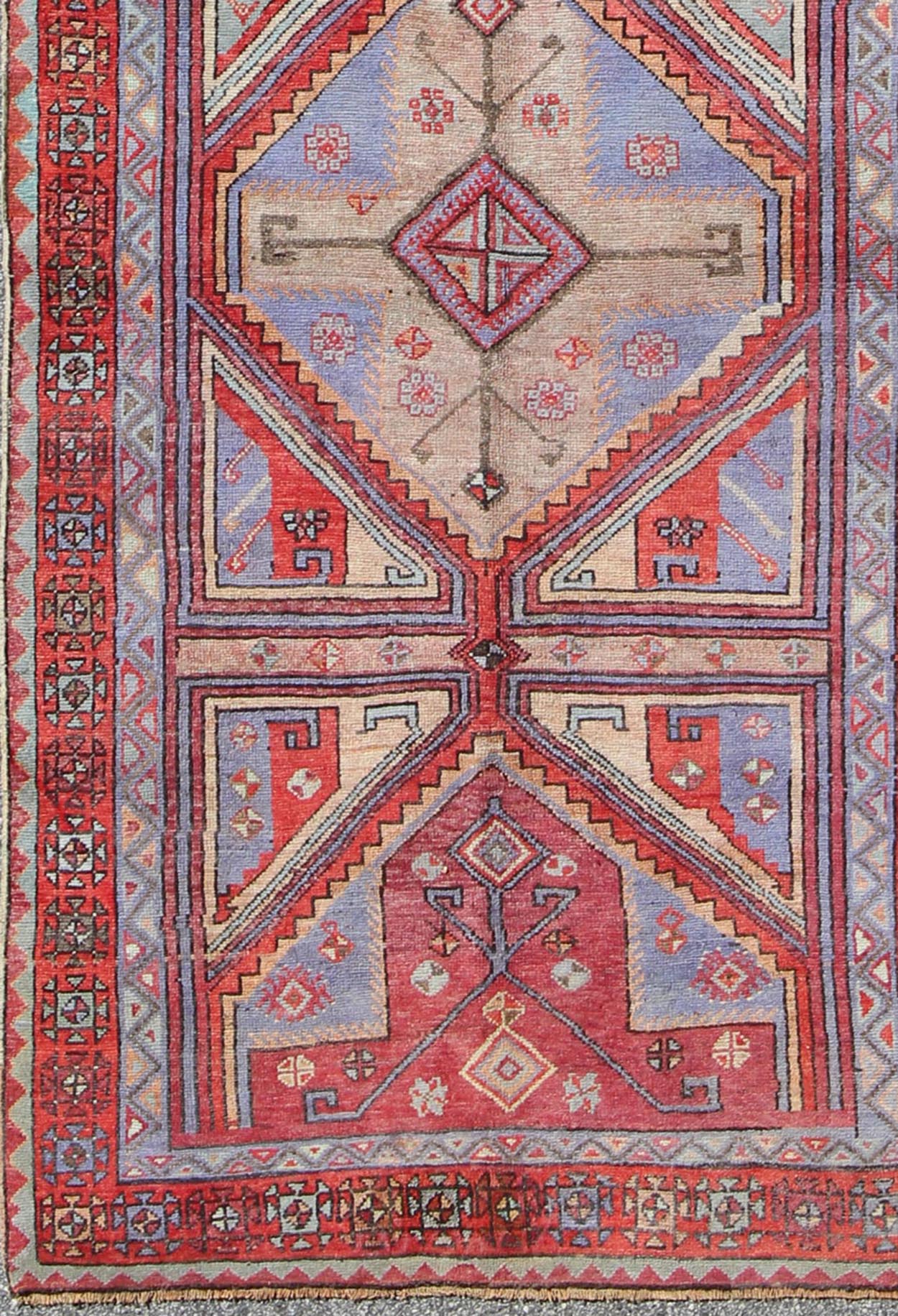 Vivid and Colorful Oushak Runner with Repeating Diamond Medallions rug - tu - ugu - 136008 origin/turkey This Turkish Oushak runner features a repeating medallion design. Colors include bright and soft red, mint green, taupe, and light purple. Turkish... - Keivan Woven ArtsTU - UGU - 136008 - 4668Rug