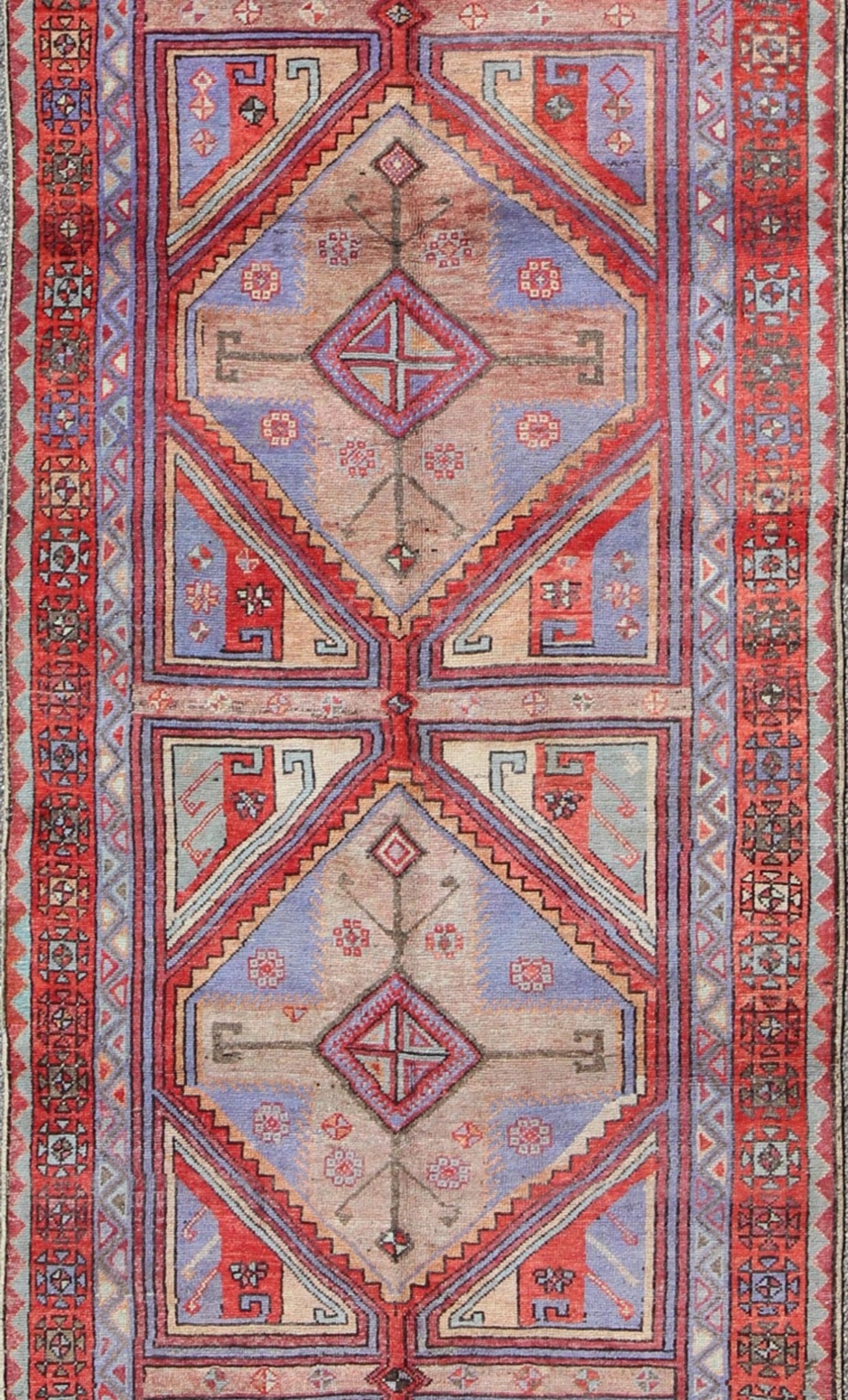 Vivid and Colorful Oushak Runner with Repeating Diamond Medallions rug - tu - ugu - 136008 origin/turkey This Turkish Oushak runner features a repeating medallion design. Colors include bright and soft red, mint green, taupe, and light purple. Turkish... - Keivan Woven ArtsTU - UGU - 136008 - 4668Rug