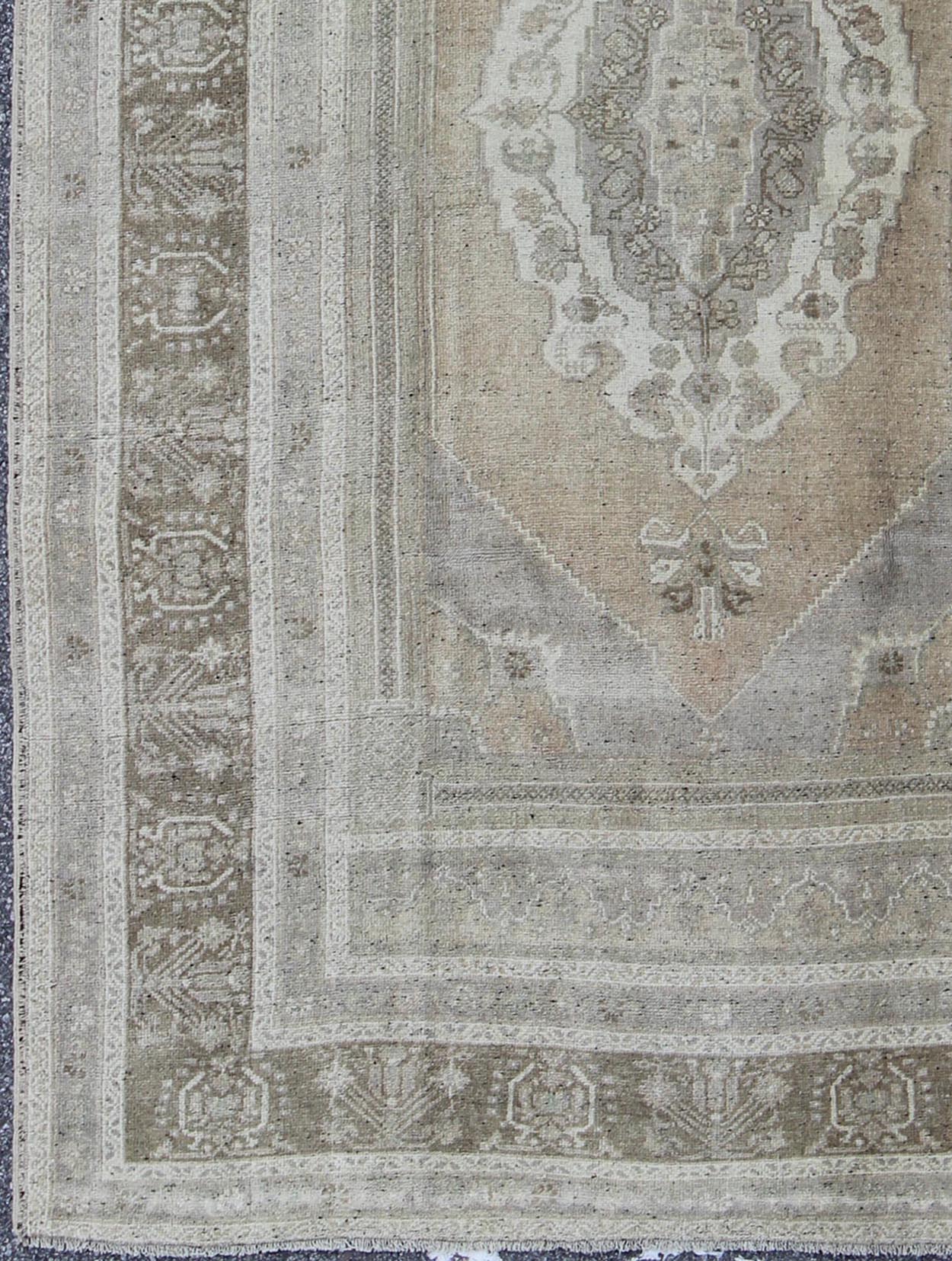 Warm colored layered medallion sub - geometric vintage Turkish Oushak tug in taupe, gray, brown, rug tu - vey - 3284, country of origin / type: Turkey / Oushak, circa 1940. This Oushak rug features a unique blend of colors and an intricately beautiful... - Keivan Woven ArtsTU - UGU - 29 - 2836Rug