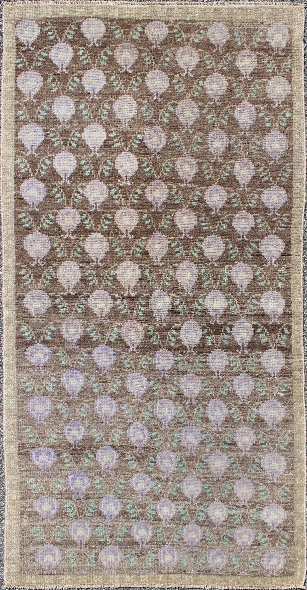 Light Brown, Green, and Lavender Turkish Tulu Vintage Rug with Latticework. Lavender, green, taupe, and browns Turkish Tulu vintage rug with latticework, rug TU - UGU - 3345, country of origin / type: Turkey / Tulu, circa 1940s This vintage ... - Keivan Woven ArtsTU - UGU - 3345 - 5888Rug