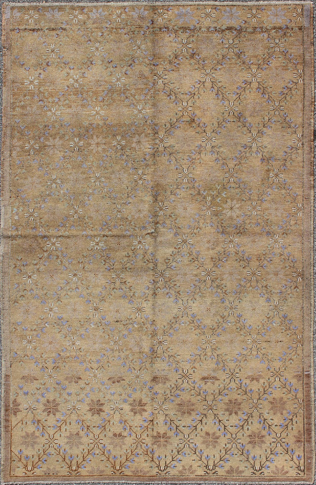 Turkish Vintage Oushak Rug With All - Over Design and Neutral Colors; Tan, Taupe and Purple. Turkish Oushak Rug with All - Over Design and Neutral Colors. Keivan Woven Arts / Rug TU - UGU - 3349, country of origin / type: Turkey / Oushak, circa mid - 20th Centur... - Keivan Woven ArtsTU - UGU - 3349 - 5892Rug