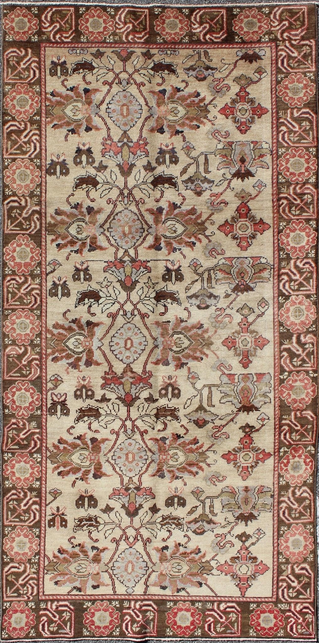 Vintage Oushak Rug from Turkey with All - Over Floral Design in Ivory, Brown & Red Produced in mid - 20th century Turkey, this antique Oushak is characterized by a comely and highly representative Oushak composition. Building on traditional designs,... - Keivan Woven ArtsTU - UGU - 3387 - 6223Rug