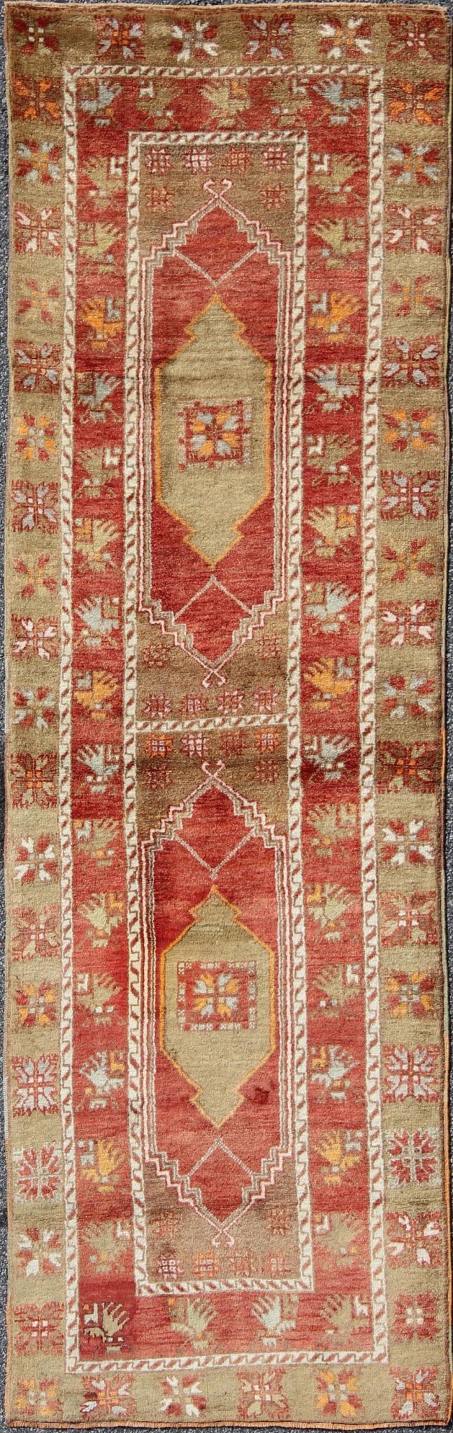 Dual Tribal Medallion red and green vintage Oushak runner from Turkey, rug tu - ugu - 3388, country of origin / type: Turkey / Oushak, circa 1940. This beautiful vintage Oushak runner from 1940s Turkey features a classic Oushak design, which is enha... - Keivan Woven ArtsTU - UGU - 3388 - 6227Rug