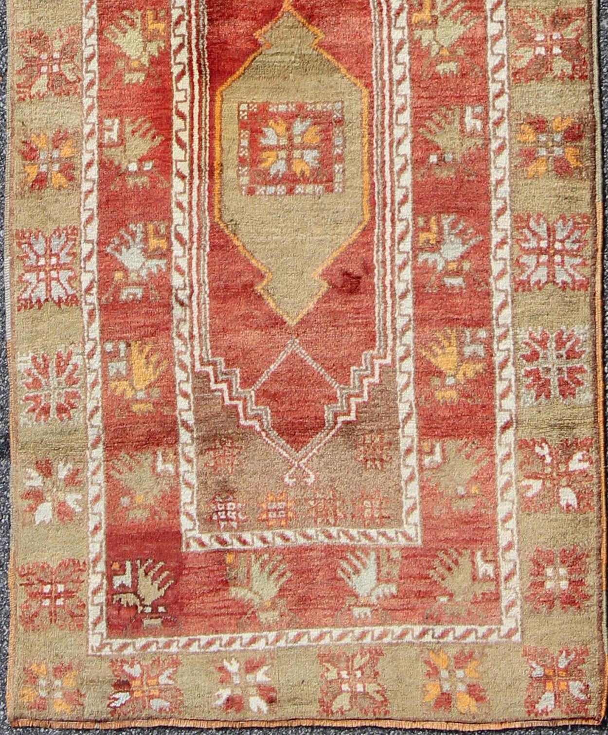 Dual Tribal Medallion red and green vintage Oushak runner from Turkey, rug tu - ugu - 3388, country of origin / type: Turkey / Oushak, circa 1940. This beautiful vintage Oushak runner from 1940s Turkey features a classic Oushak design, which is enha... - Keivan Woven ArtsTU - UGU - 3388 - 6227Rug