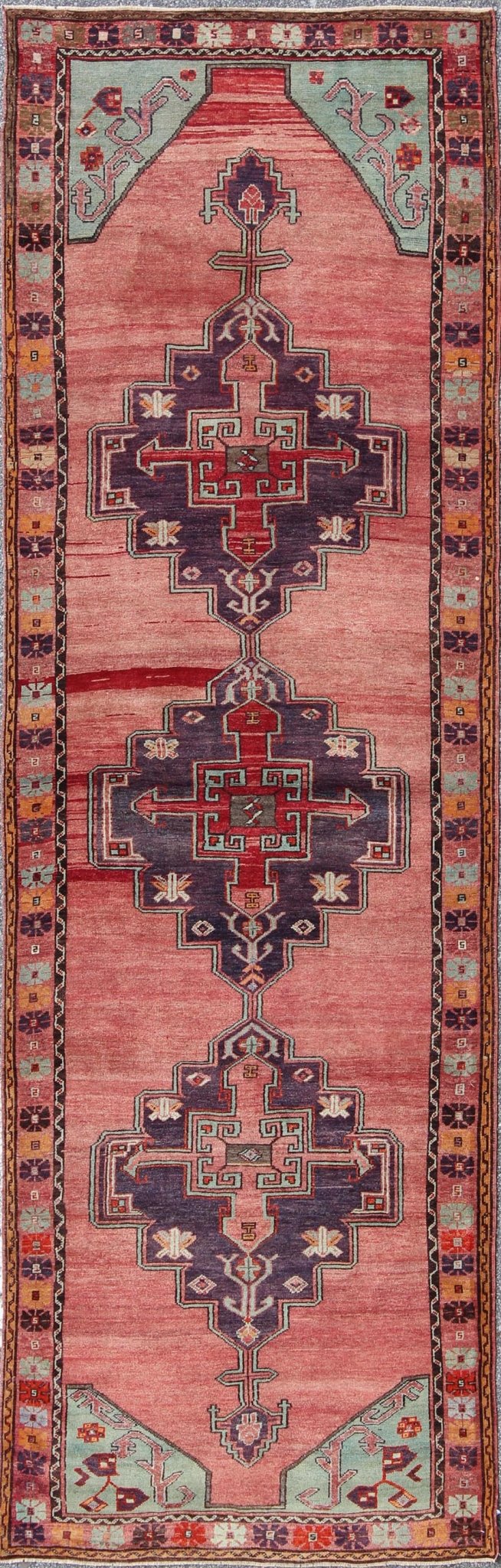 Multicolored vintage Oushak Turkish rug with layered medallions and geometric design, rug tu - ugu - 3389, country of origin / type: Turkey / Oushak, circa 1940 This beautiful vintage Oushak runner from 1940s Turkey features a classic Oushak design,... - Keivan Woven ArtsTU - UGU - 3389 - 5898Rug