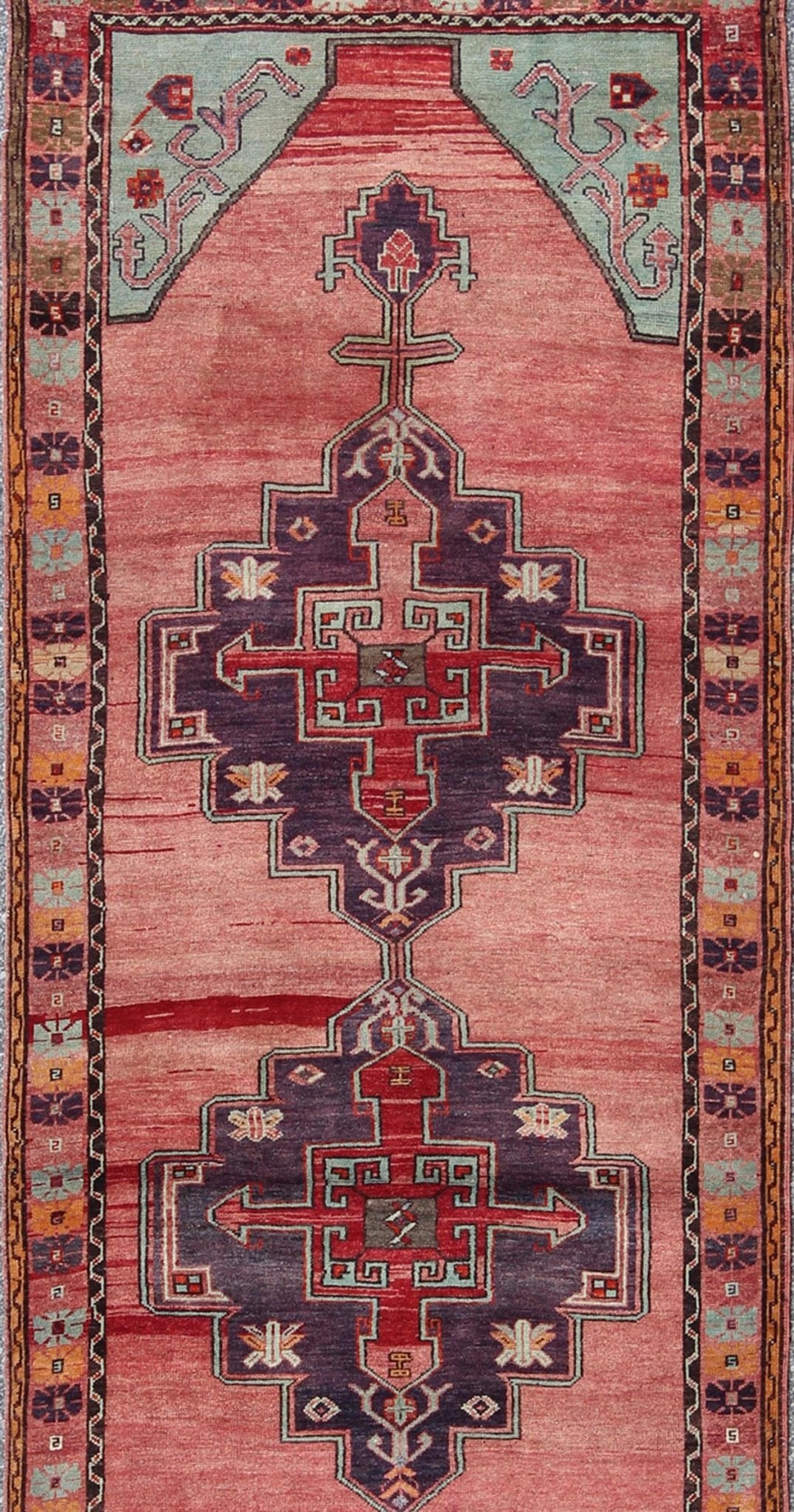 Multicolored vintage Oushak Turkish rug with layered medallions and geometric design, rug tu - ugu - 3389, country of origin / type: Turkey / Oushak, circa 1940 This beautiful vintage Oushak runner from 1940s Turkey features a classic Oushak design,... - Keivan Woven ArtsTU - UGU - 3389 - 5898Rug