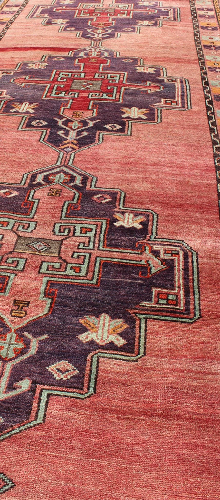 Multicolored vintage Oushak Turkish rug with layered medallions and geometric design, rug tu - ugu - 3389, country of origin / type: Turkey / Oushak, circa 1940 This beautiful vintage Oushak runner from 1940s Turkey features a classic Oushak design,... - Keivan Woven ArtsTU - UGU - 3389 - 5898Rug