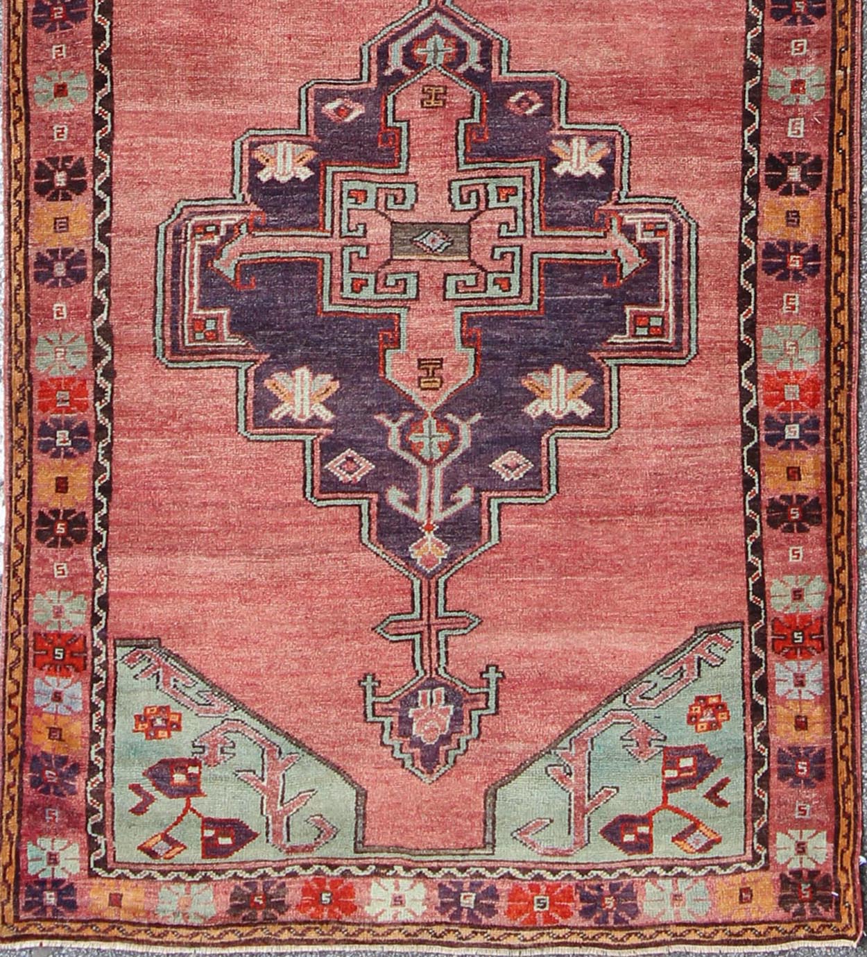 Multicolored vintage Oushak Turkish rug with layered medallions and geometric design, rug tu - ugu - 3389, country of origin / type: Turkey / Oushak, circa 1940 This beautiful vintage Oushak runner from 1940s Turkey features a classic Oushak design,... - Keivan Woven ArtsTU - UGU - 3389 - 5898Rug