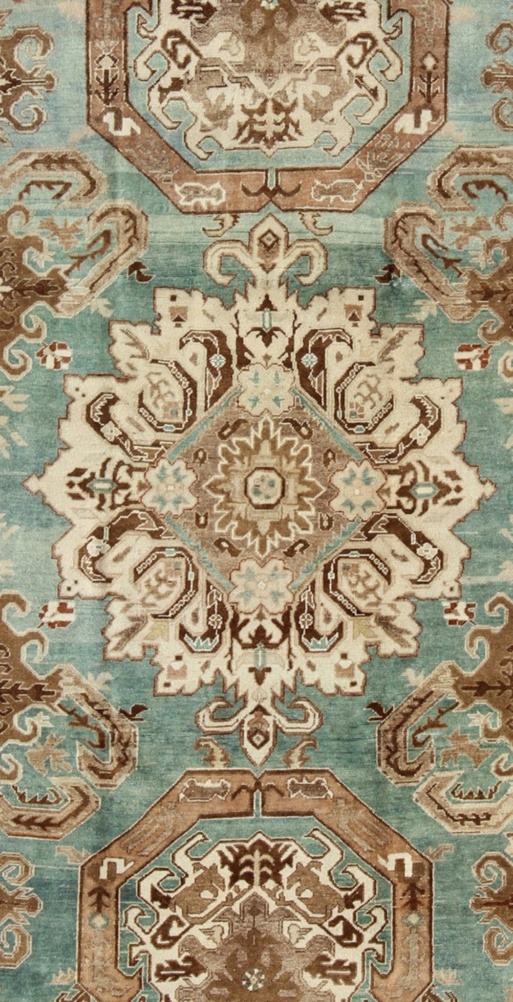 Vintage Hand Knotted Turkish Carpet With Geometric Tribal Medallion Design Geometric design rug in brown, turquoise, taupe, and ivory, Keivan Woven Arts / rug tu - ugu - 3402, country of origin / type: Turkey / Oushak, circa 1940 Set on a uni... - Keivan Woven ArtsTU - UGU - 3402 - 5906Rug