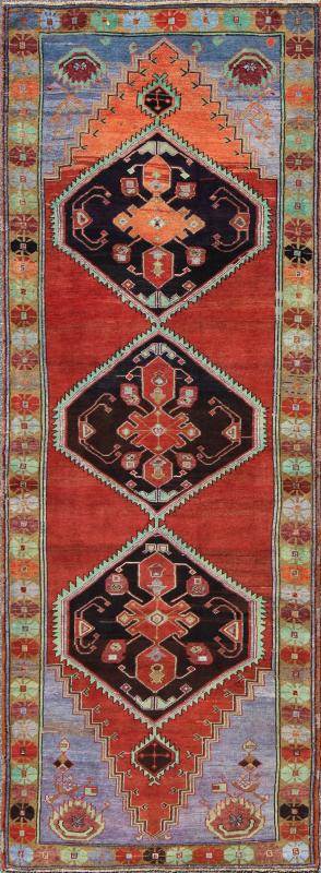 Unique and Colorful Turkish Oushak Rug with Multi - Layered Medallions & Cornices: This beautiful vintage Oushak runner from mid - 20th century Turkey is enhanced by its color palette and lustrous wool. The bright red ground is home to three large multi - la... - Keivan Woven ArtsTU - UGU - 3481 - 6929Rug