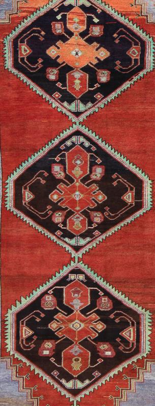 Unique and Colorful Turkish Oushak Rug with Multi - Layered Medallions & Cornices: This beautiful vintage Oushak runner from mid - 20th century Turkey is enhanced by its color palette and lustrous wool. The bright red ground is home to three large multi - la... - Keivan Woven ArtsTU - UGU - 3481 - 6929Rug