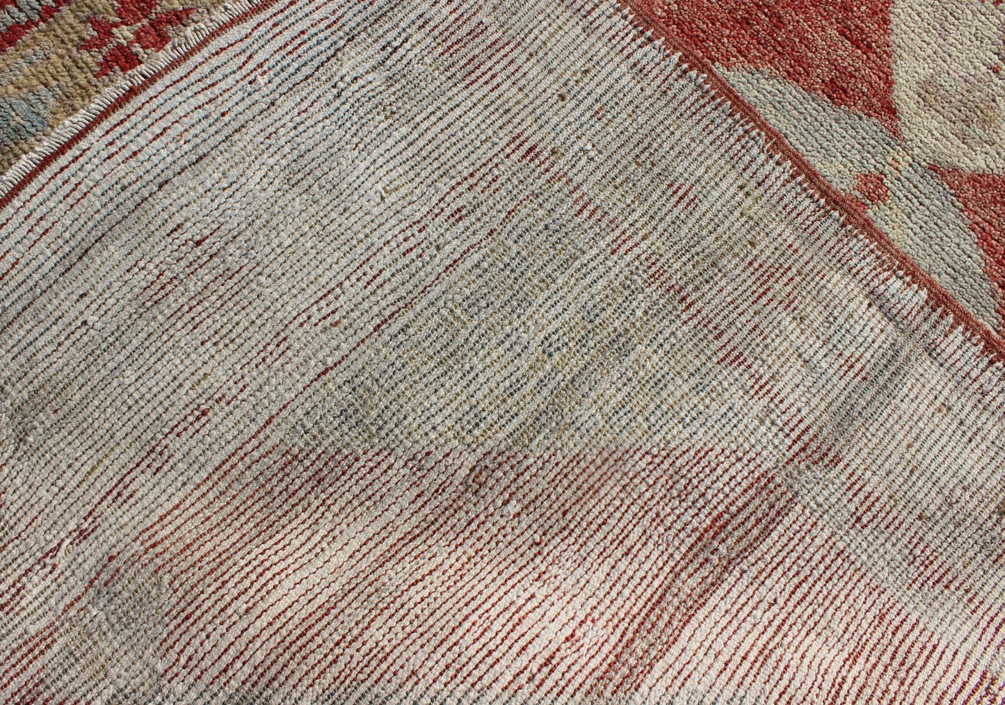 Vintage Turkish Oushak Medallion Runner in Soft Red, Lt. Blue, Cream Measures: 3'8'' x 9'7'' This beautiful vintage Oushak runner from 1930s Turkey features a Classic Oushak design, which is enhanced by its lustrous wool. The rich red gro... - Keivan Woven ArtsTU - UGU - 3601 - 6937Rug