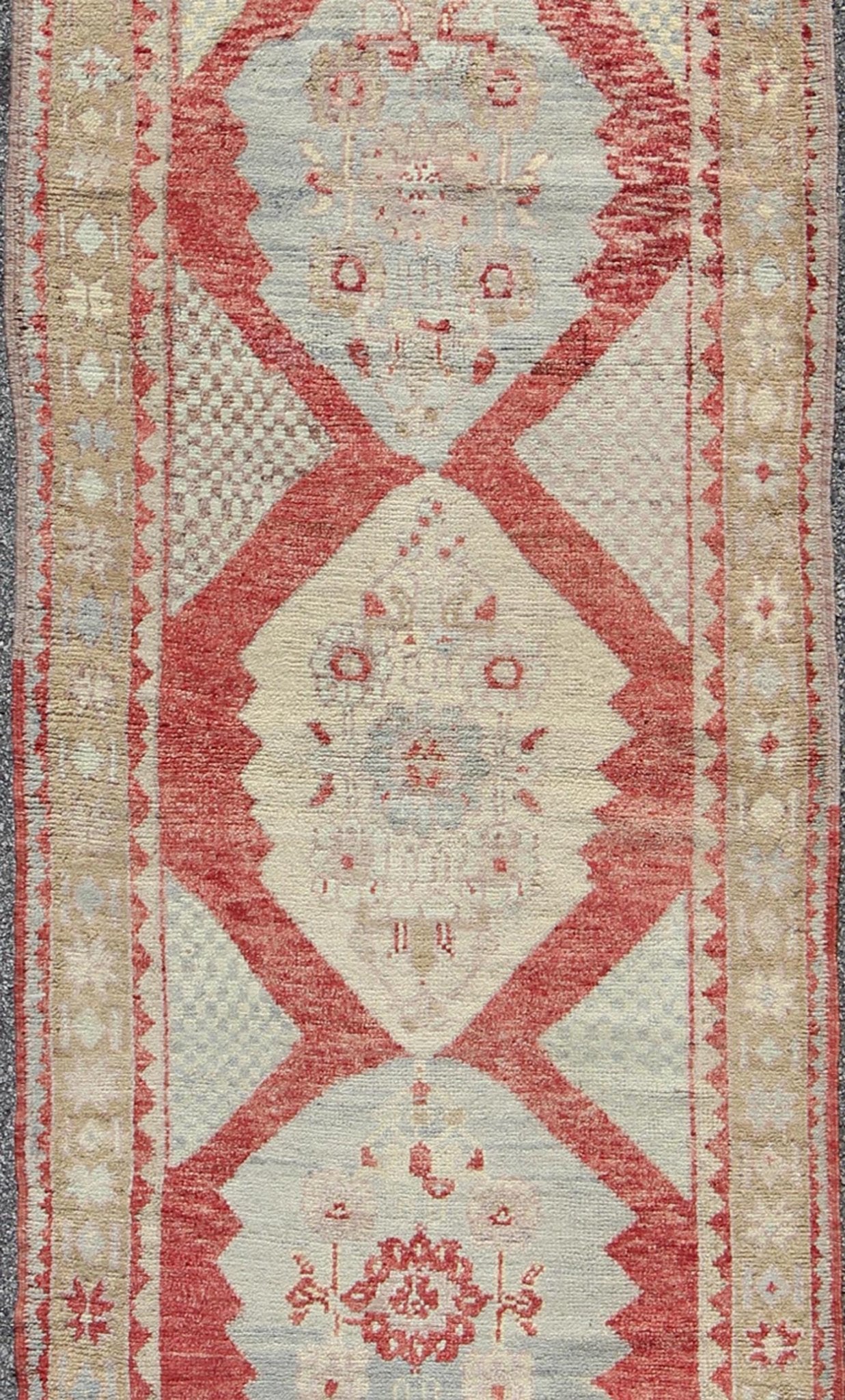 Vintage Turkish Oushak Medallion Runner in Soft Red, Lt. Blue, Cream Measures: 3'8'' x 9'7'' This beautiful vintage Oushak runner from 1930s Turkey features a Classic Oushak design, which is enhanced by its lustrous wool. The rich red gro... - Keivan Woven ArtsTU - UGU - 3601 - 6937Rug
