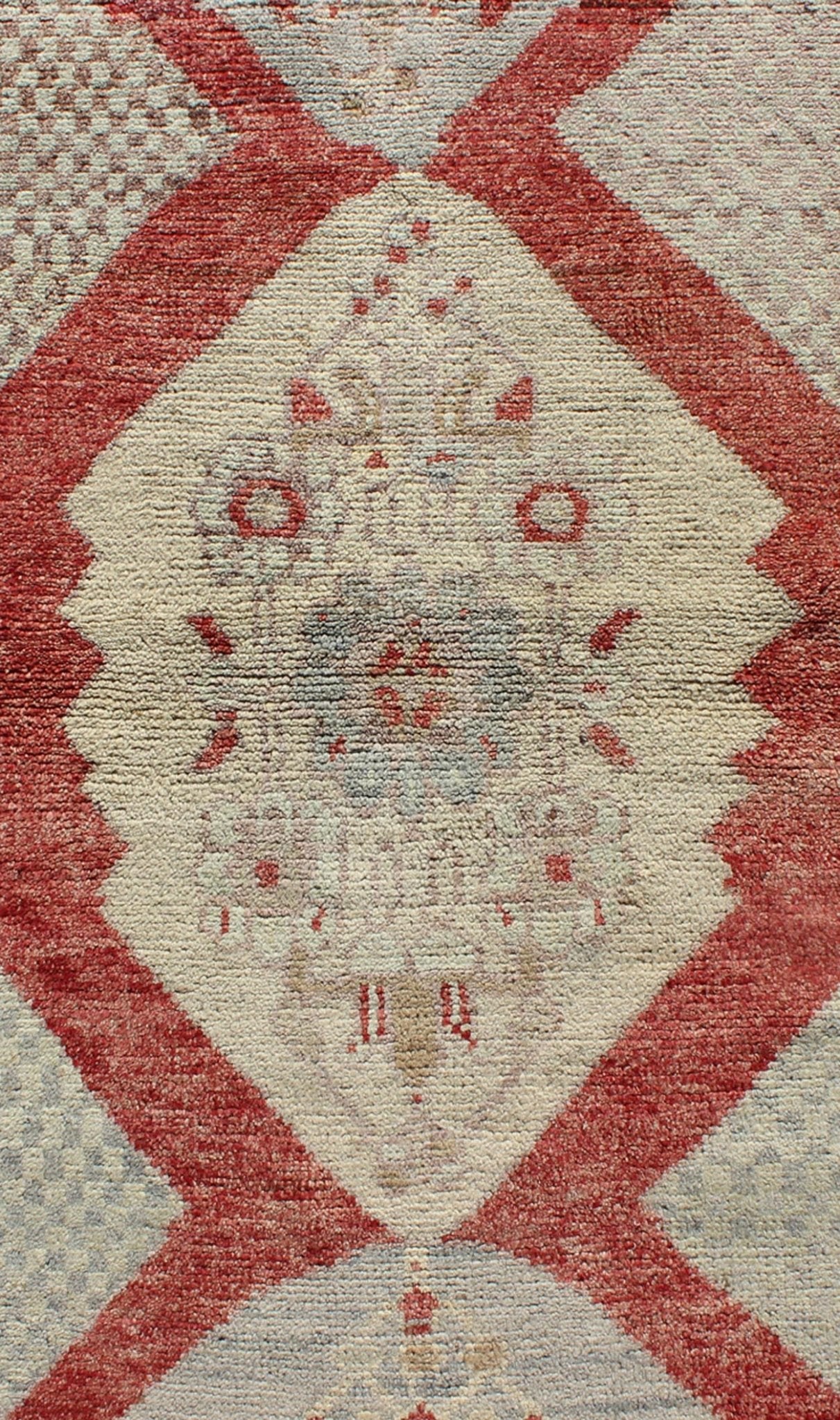 Vintage Turkish Oushak Medallion Runner in Soft Red, Lt. Blue, Cream Measures: 3'8'' x 9'7'' This beautiful vintage Oushak runner from 1930s Turkey features a Classic Oushak design, which is enhanced by its lustrous wool. The rich red gro... - Keivan Woven ArtsTU - UGU - 3601 - 6937Rug