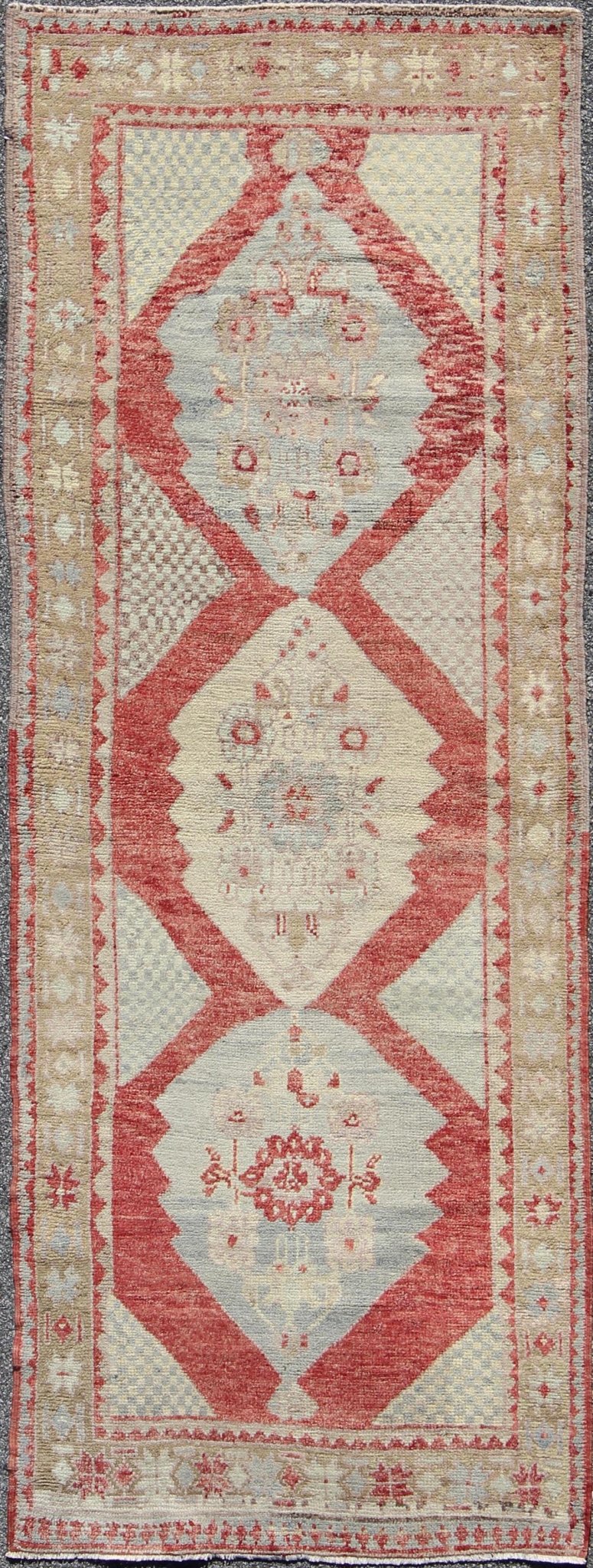 Vintage Turkish Oushak Medallion Runner in Soft Red, Lt. Blue, Cream Measures: 3'8'' x 9'7'' This beautiful vintage Oushak runner from 1930s Turkey features a Classic Oushak design, which is enhanced by its lustrous wool. The rich red gro... - Keivan Woven ArtsTU - UGU - 3601 - 6937Rug