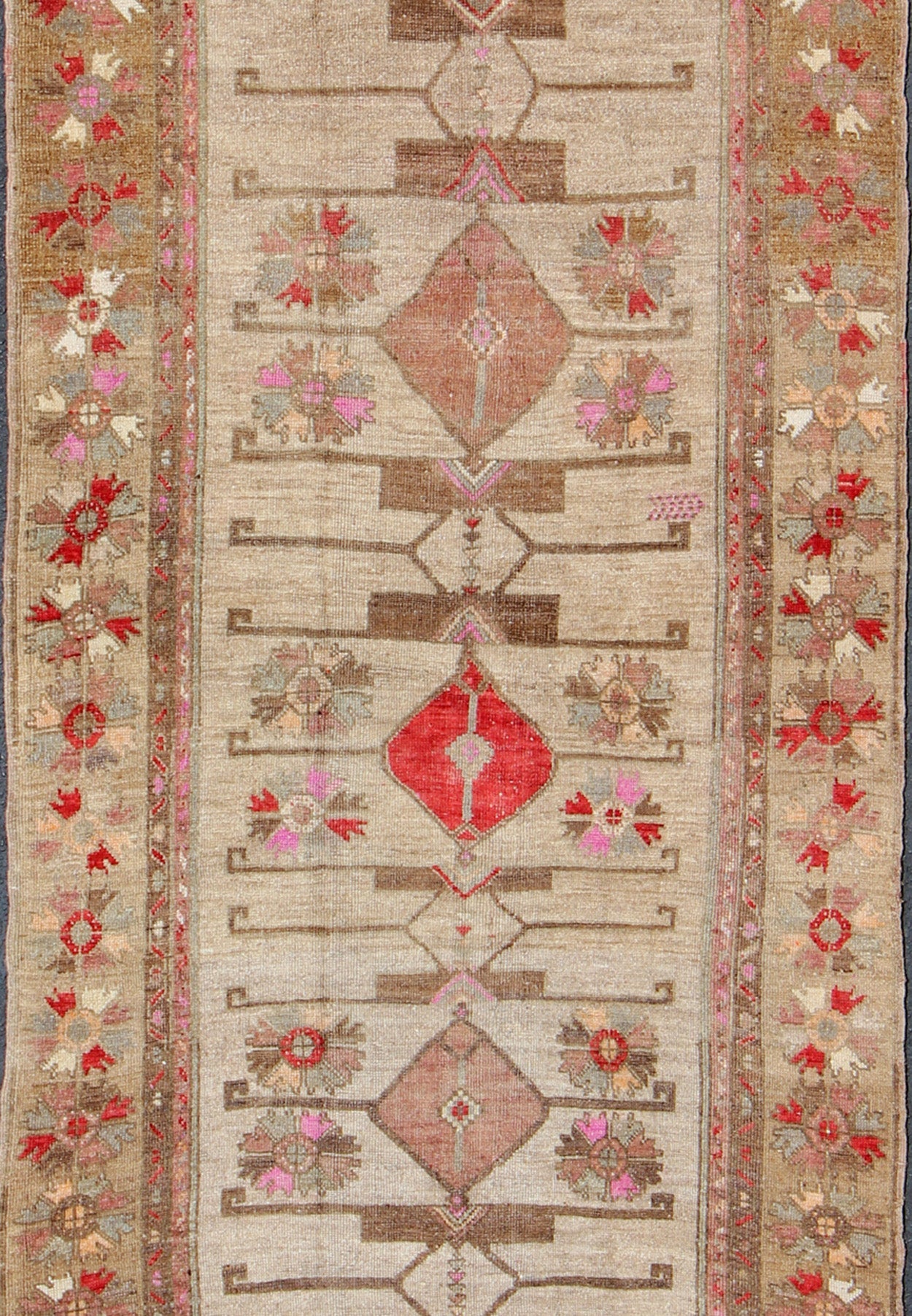 Vintage Unique Oushak Runner with Tribal Designs and Geometric Motifs kwarugs Vintage Turkish runner in red, pink, beige, tan, green, bright lavender, taupe, rug tu - ugu - 4809, country of origin / type: Turkey / Oushak, circa 1950 This... - Keivan Woven ArtsTU - UGU - 4809 - 10301Rug