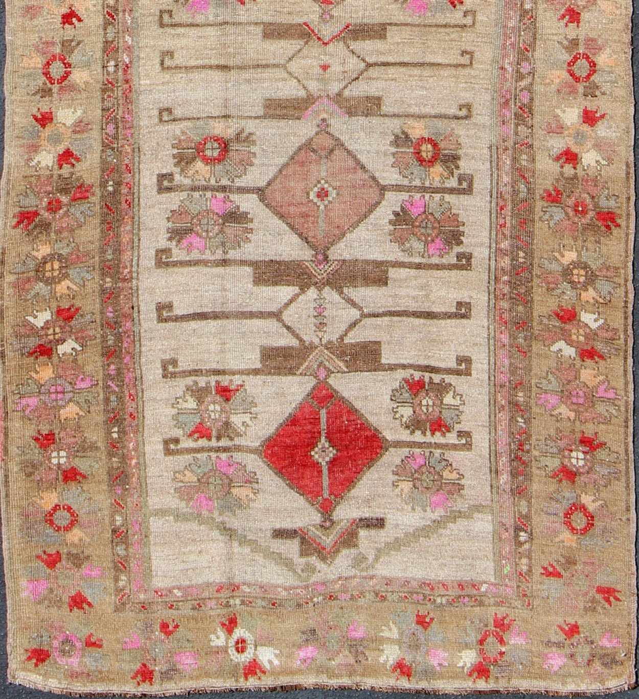 Vintage Unique Oushak Runner with Tribal Designs and Geometric Motifs kwarugs Vintage Turkish runner in red, pink, beige, tan, green, bright lavender, taupe, rug tu - ugu - 4809, country of origin / type: Turkey / Oushak, circa 1950 This... - Keivan Woven ArtsTU - UGU - 4809 - 10301Rug