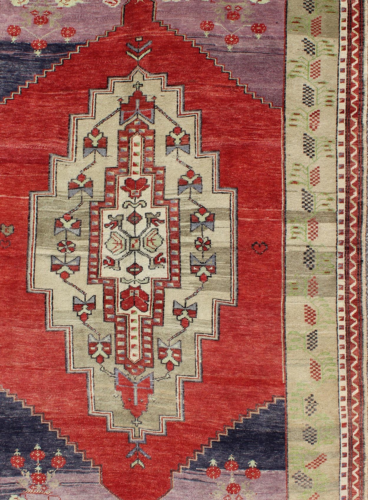 Vintage Turkish Tribal Medallion Oushak in Red, Champagne, Lilac and Navy Blue Measures: 5.4 x 7.9 This beautiful rug from mid - 20th century Turkey features a classic Oushak design, large scale medallion in the field, rendered in red, cha... - Keivan Woven ArtsTU - UGU - 95165 - 4650Rug