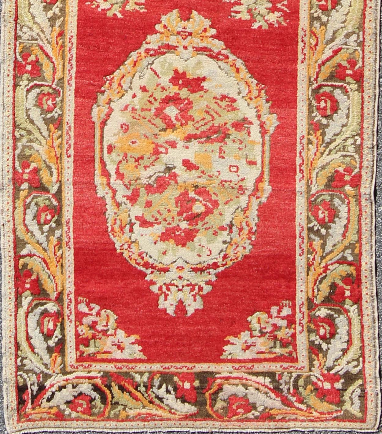 Rich red antique Turkish Oushak runner with three ornate floral medallions Measures: 3'6 x 11' Country of Origin: Turkey; Type: Oushak; Design: Floral Medallion, All - Over; Keivan Woven Arts: rug tu - umi - 1902; Rich red antique Turkish Ousha... - Keivan Woven ArtsTU - UMI - 1902 - 2007Rug