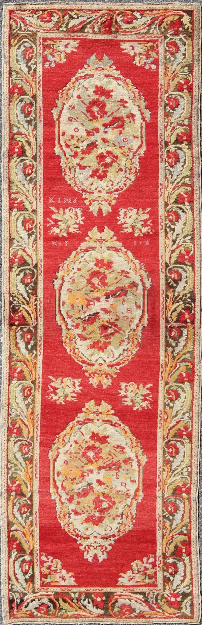 Rich red antique Turkish Oushak runner with three ornate floral medallions Measures: 3'6 x 11' Country of Origin: Turkey; Type: Oushak; Design: Floral Medallion, All - Over; Keivan Woven Arts: rug tu - umi - 1902; Rich red antique Turkish Ousha... - Keivan Woven ArtsTU - UMI - 1902 - 2007Rug