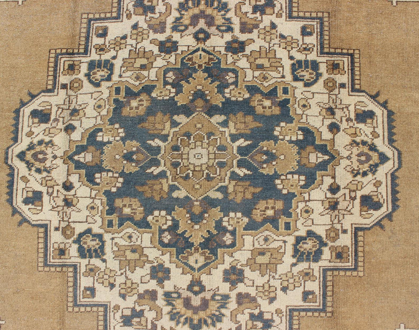 Vintage Turkish Oushak with Floral Medallion in Bronze and Blue Color Measures: 6'10'' x 11'5'' Characterized by a comely and highly representative Oushak composition, this vintage carpet beautifully communicates the finer characteristics of Oush... - Keivan Woven ArtsTU - VEY - 3283 - 6245Rug