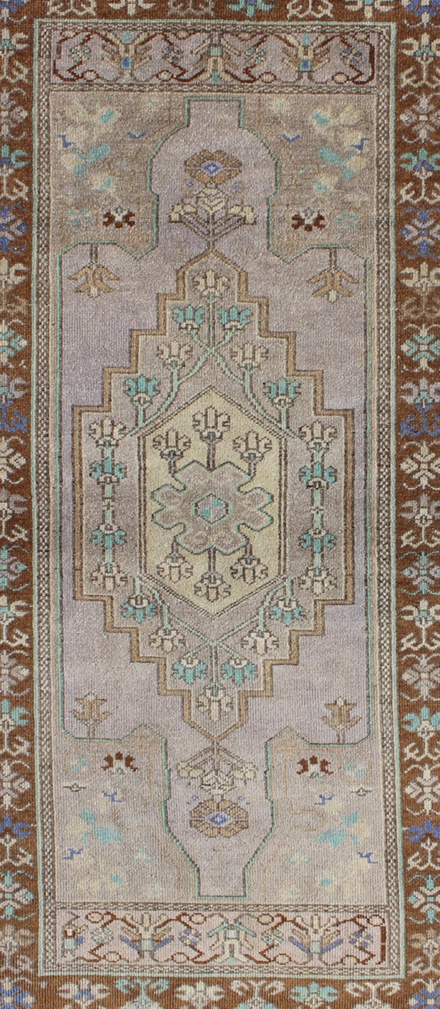 Vintage Oushak Rug in Light Lavender Background and Chocolate Brown Border. Vintage Oushak rug with central medallion in Light lavender, Taupe, Khaki, Teal green, blue accent colors and chocolate brown border. Keivan Woven Arts Rug TU - VEY - 3287,... - Keivan Woven ArtsTU - VEY - 3287 - 5910Rug
