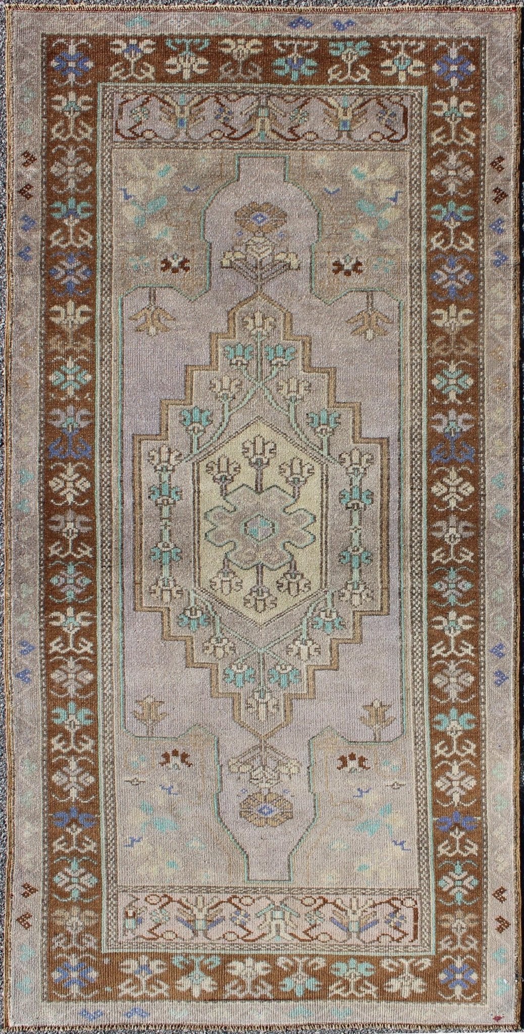 Vintage Oushak Rug in Light Lavender Background and Chocolate Brown Border. Vintage Oushak rug with central medallion in Light lavender, Taupe, Khaki, Teal green, blue accent colors and chocolate brown border. Keivan Woven Arts Rug TU - VEY - 3287,... - Keivan Woven ArtsTU - VEY - 3287 - 5910Rug
