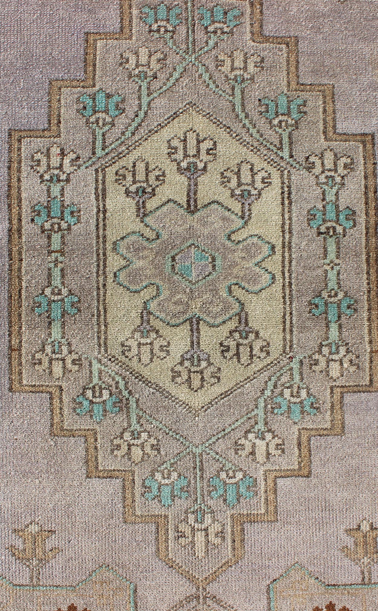 Vintage Oushak Rug in Light Lavender Background and Chocolate Brown Border. Vintage Oushak rug with central medallion in Light lavender, Taupe, Khaki, Teal green, blue accent colors and chocolate brown border. Keivan Woven Arts Rug TU - VEY - 3287,... - Keivan Woven ArtsTU - VEY - 3287 - 5910Rug